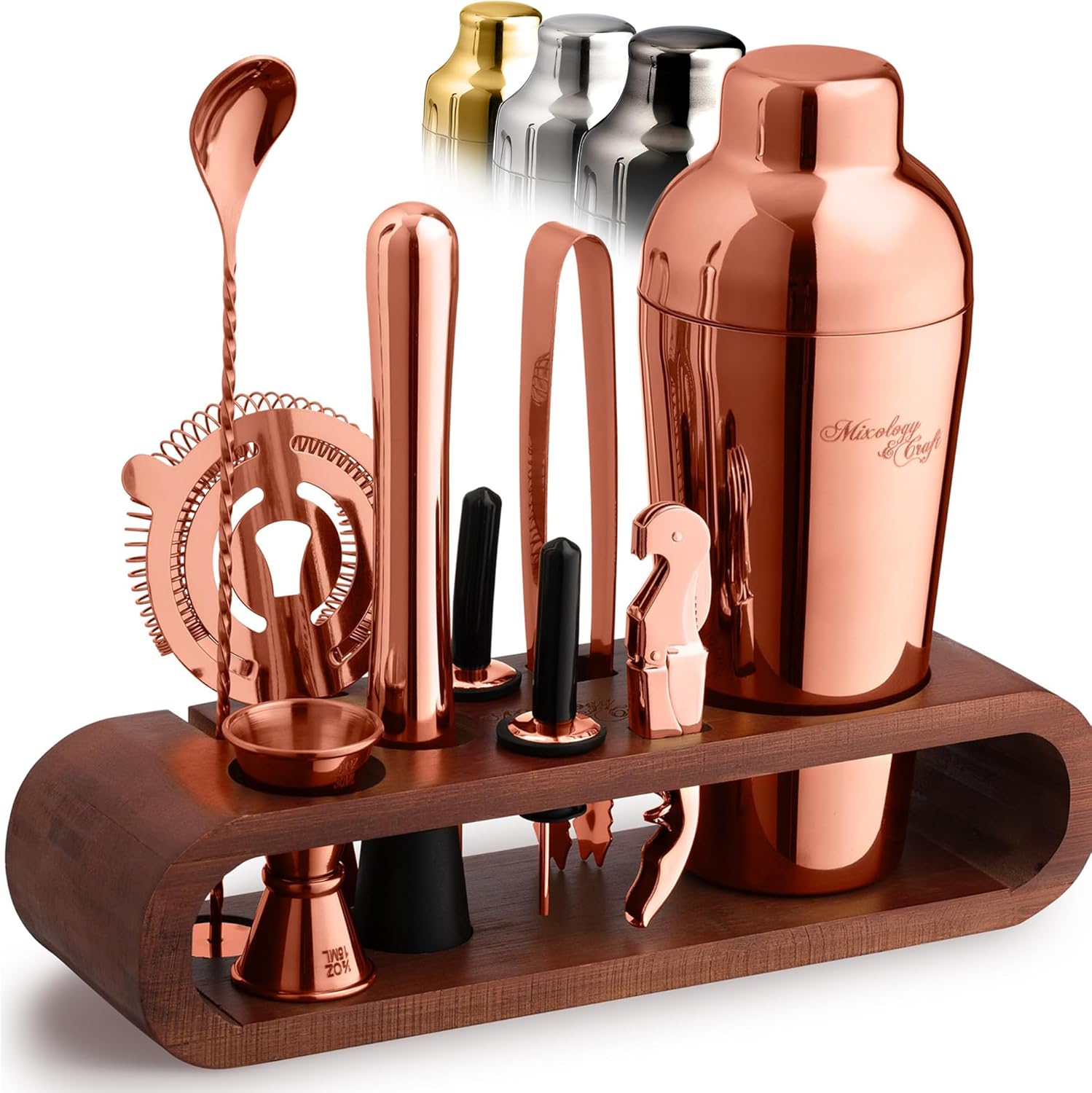 Mixology & Craft Cocktail Shaker Set with Dark Bamboo Stand - Professional 10-Piece Bartender Kit - Complete Bar Set & Cocktail Mixer Kit for Home (Copper)
