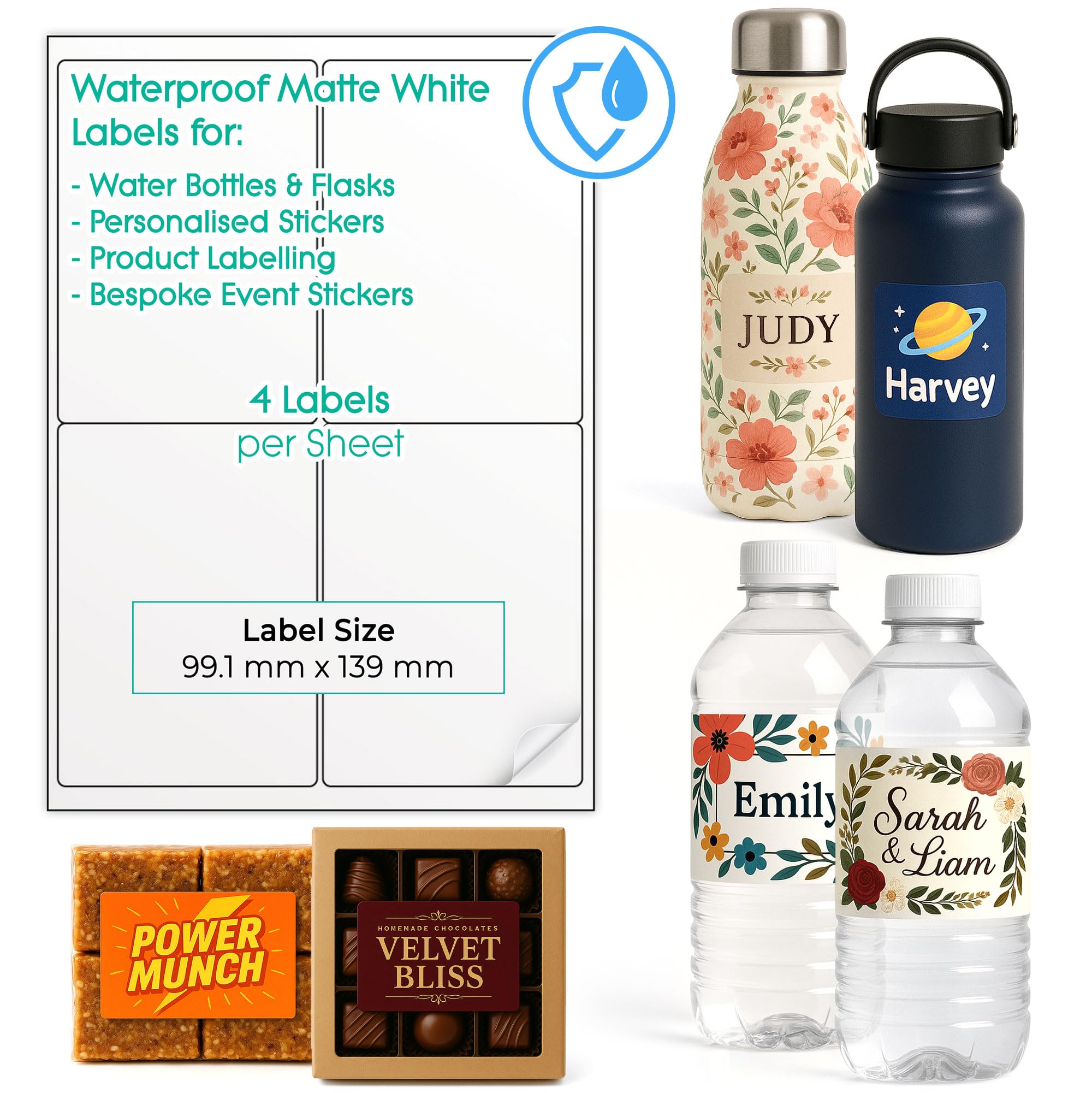 40 Waterproof Printable Labels for Water Bottles (Matte White, 2 x 2 (4 per Sheet)) – Custom Design Stickers for Small Business – Multiple Sizes Self Adhesive A4 Sheets – Inkjet & Laser Printable