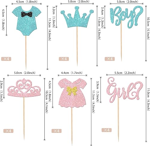 Miniatura 2 de 24 piezas de adornos para cupcakes para niños o niñas, corona de princesa con purpurina rosa o azul, vestido de princesa para baby shower,