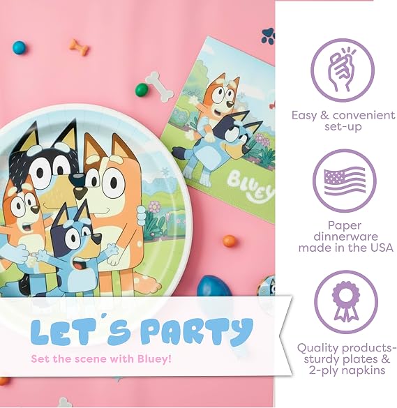 Bluey Birthday Decorations, Party Supplies with Balloons, Serves 16 | Complete Set, Officially Licensed, Banner, Tablecloth, Dessert Plates and Napkins, Dinnerware Made in USA