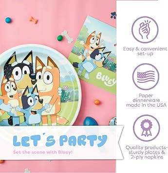 Bluey Birthday Decorations, Party Supplies with Balloons, Serves 16 | Complete Set, Officially Licensed, Banner, Tablecloth, Dessert Plates and Napkins, Dinnerware Made in USA