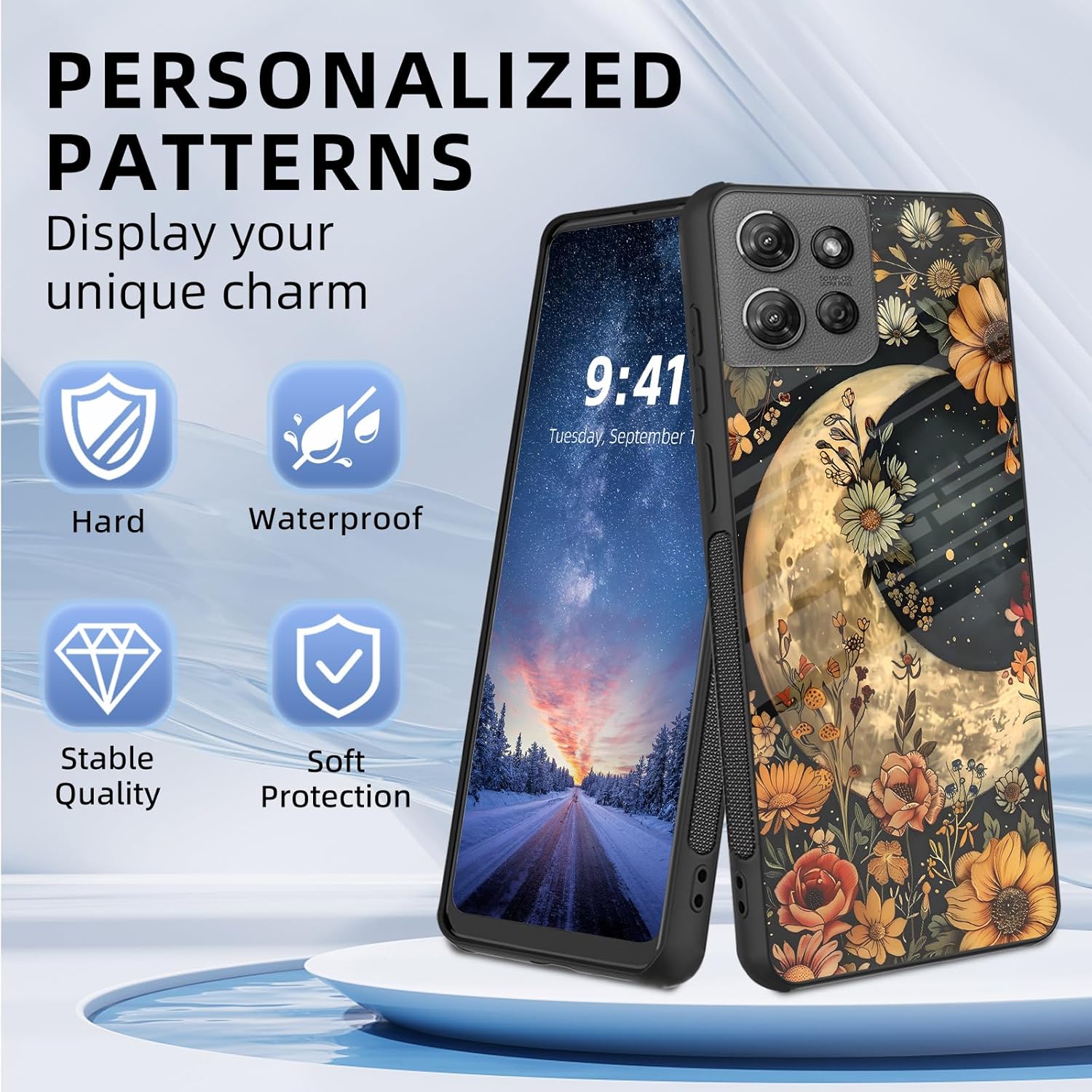 for Moto G 5G 2025 Phone Case,Tempered Glass Back and Soft TPU Dual Layer Bumper,Shockproof Full Body Protective Phone Cover for Moto G 5G 2025, Floral Moon
