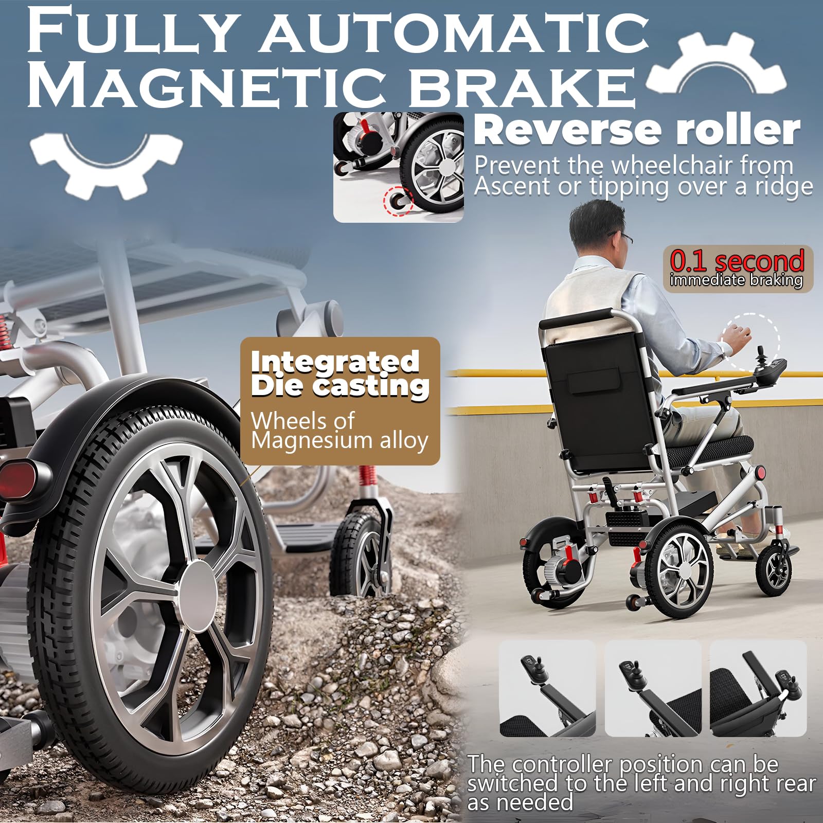Silla de ruedas eléctrica plegable Silla de ruedas eléctrica ligera, Silla de ruedas eléctrica plegable, Silla de ruedas eléctrica para interiores y viajes, Largo alcance, Soporte 150 kg, 12AH