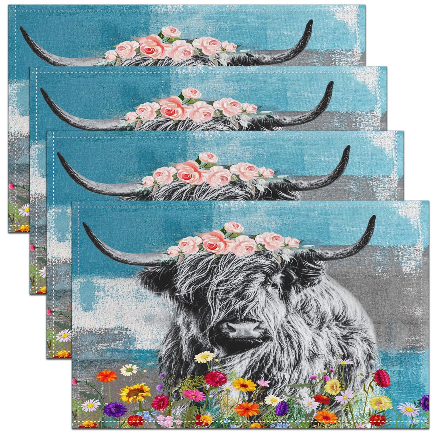 Homemissing Multicoloured 9 Highland Cow Table Mats - Placemat Set Of 4 For Kids - Flower Floral Design - 45X30cm - Blue Sky - Indoor/Outdoor