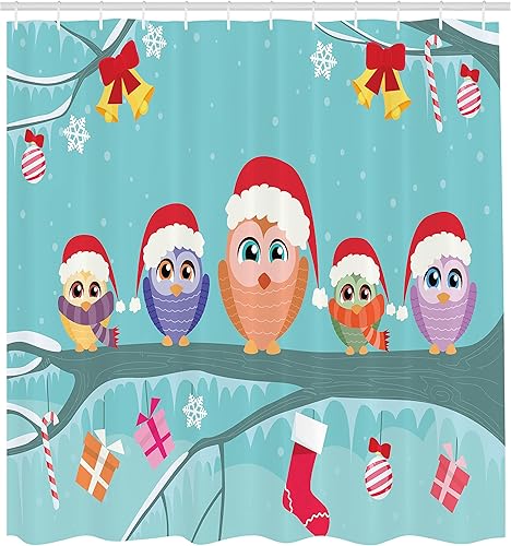 Miniatura 7 de Ambesonne - Cortina de regadera de ciervo, silueta de animales coloridos, varios elementos navideños, tema de tablones de madera, juego de