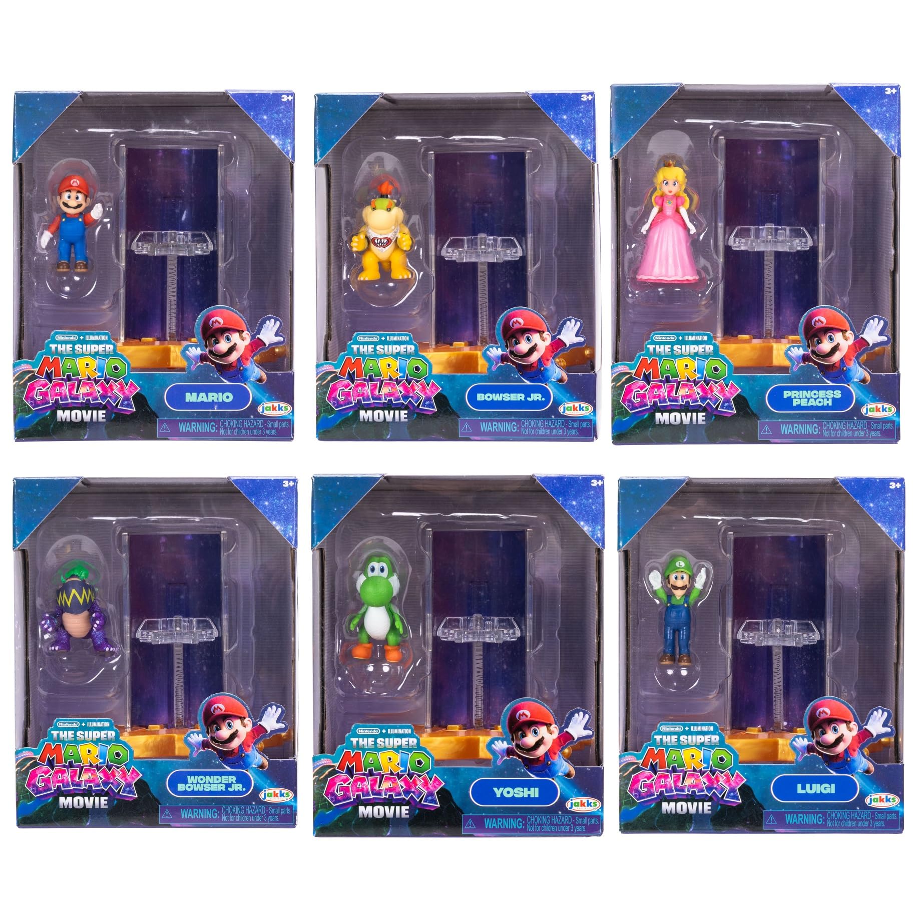 Zestaw figurek akcji 1,5" i wyrzutni gwiazd z filmu Super Mario Galaxy, oficjalnie licencjonowany, 6 figurek i sprężynowe podstawki, zawiera Mario, Luigi, Peach, Bowser Jr., Wonder Bowser Jr., Yoshi