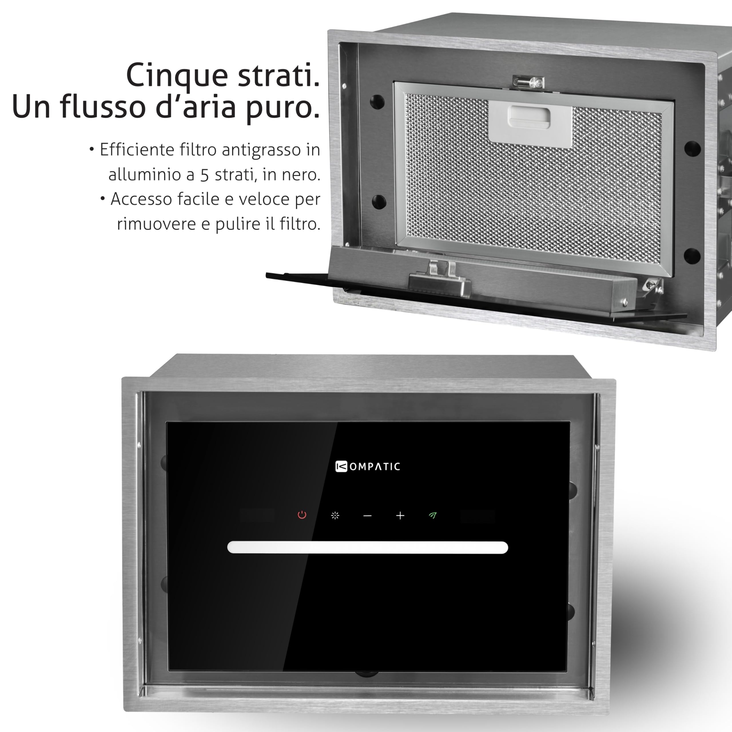HANA 40 KPHN40BIS Cappa aspirante Incasso, A++, Controllo gestuale, Touch, Telecomando, Modalità purificazione aria, 450 m³/h, LED dimmerabile, Regolazione temperatura colore, 40 cm