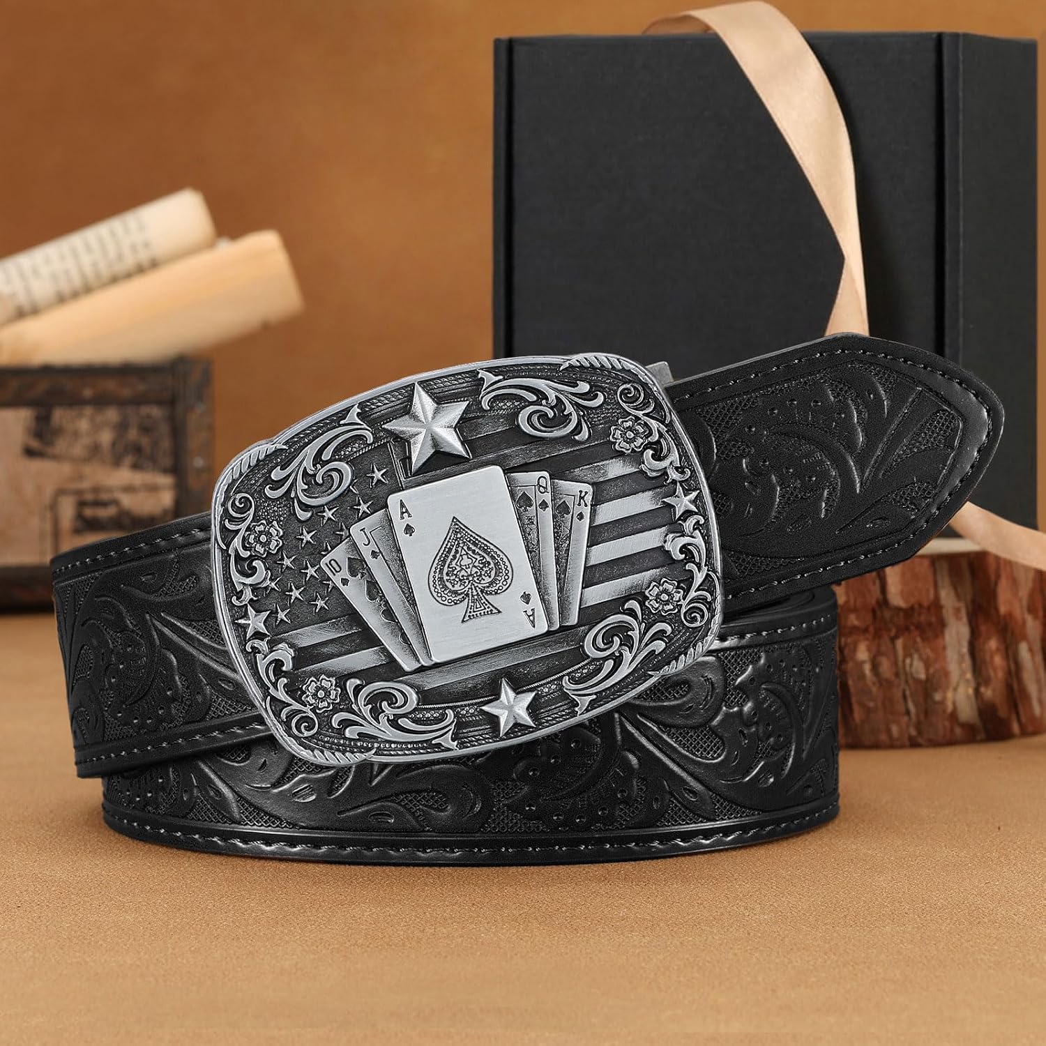 Cowboy Western Ratchet Belt for Men Women with Automatic Western Buckle, Ratchet Cowboy Leather Belt for Jeans Gifts