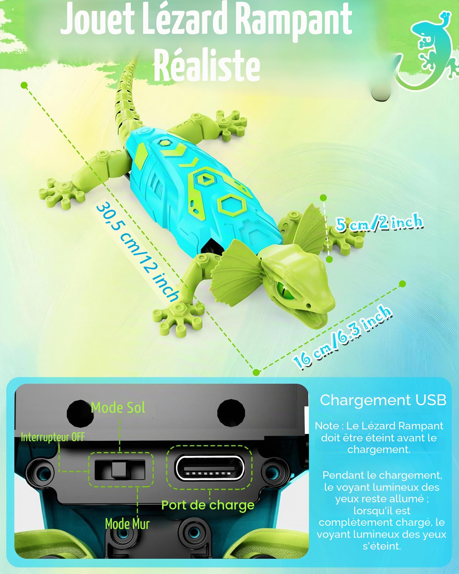 Kizmyee Lezard Télécommandé - Rechargeable Grimpeur Gecko Radiocommandé Jouet Enfants avec Yeux Lumineux, RC Robot Jeux Cadeau Pâques pour Garçons et Filles 3+ Ans