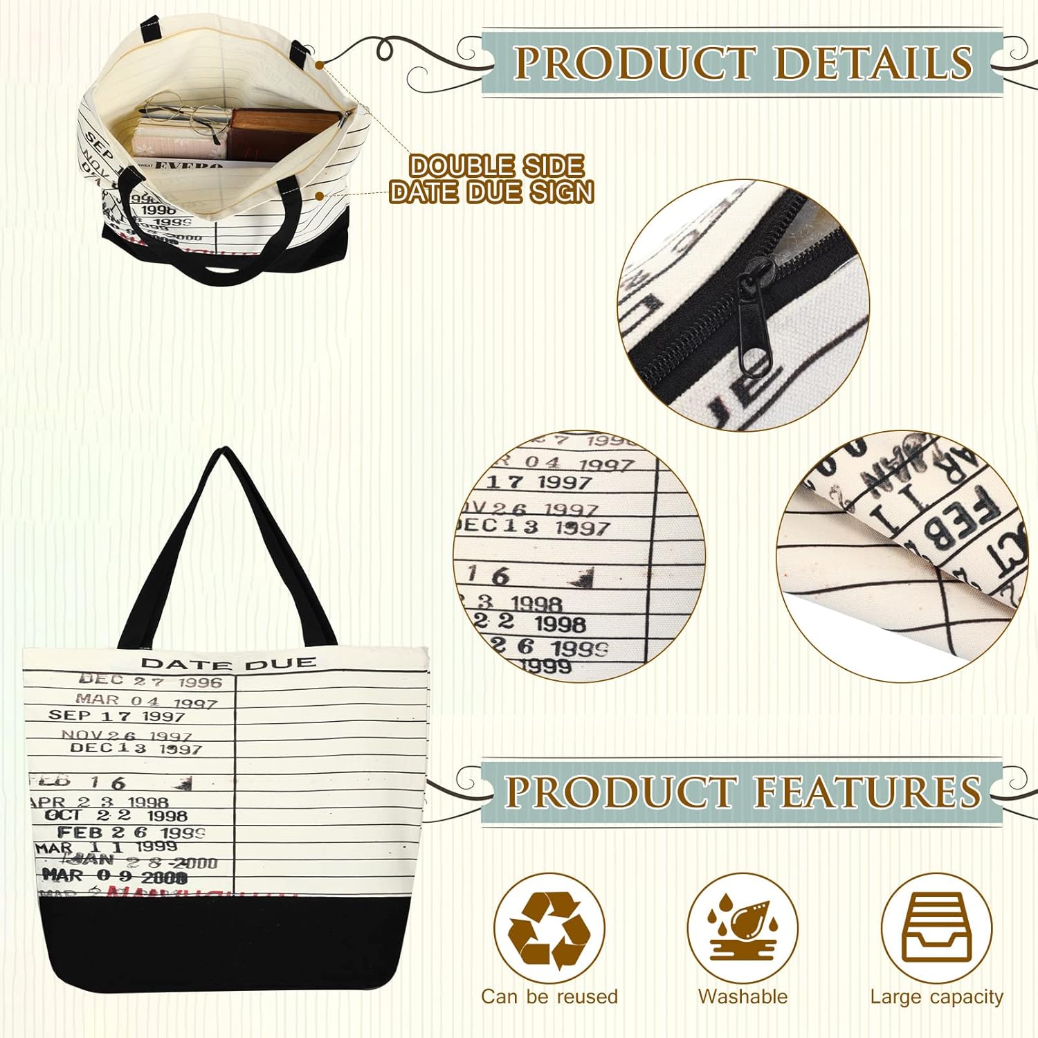 Sieral 2 Pcs Librarian Gifts for Women Due Date Library Book Bag Reusable Canvas Cosmetic Bag with Zipper Pouch Book Lovers Gifts for Friends Librarian Valentine Club Birthday for Readers - Image 5