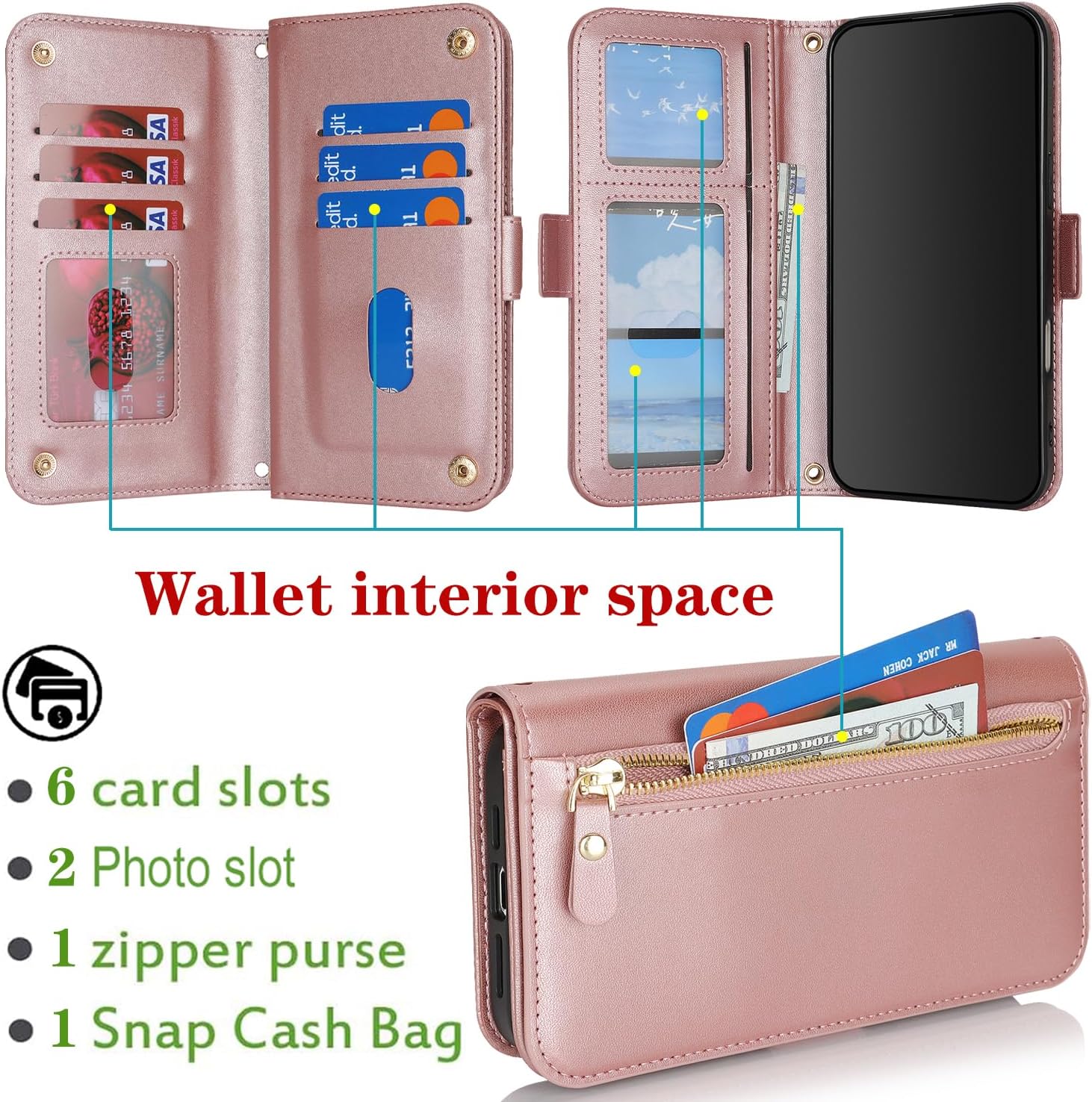 Compatible with iPhone 16 Wallet Case for Women,for iPhone 16 Case with Strap Crossbody Lanyard,PU Leather Shockproof Card Holder Stand Zipper Pocket Flip Phone Cover-Rose Gold
