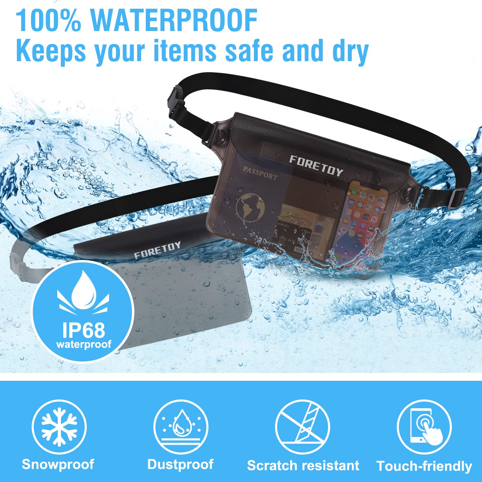 FORETOY Bolsa Impermeable 2 Pack Riñonera IP68 para Deportes Acuatica Playa Natación