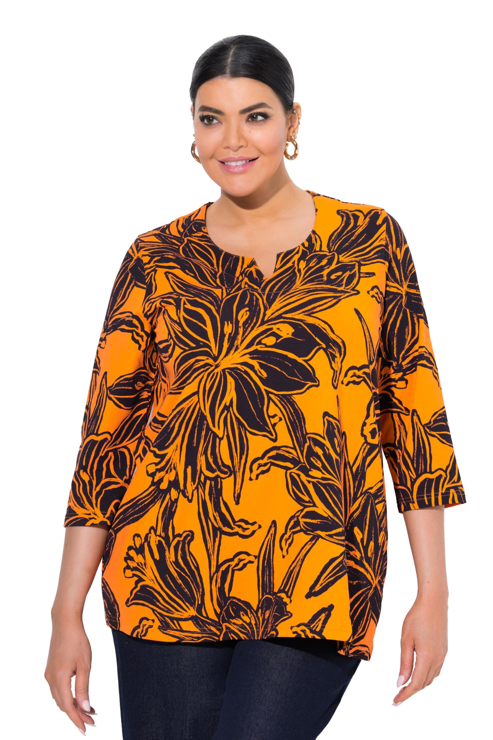 Ulla Popken Damen große Größen Übergrößen Plus Size Shirt, Blätter, A-Linie, Tunika-Ausschnitt, 3/4-Arm 843138