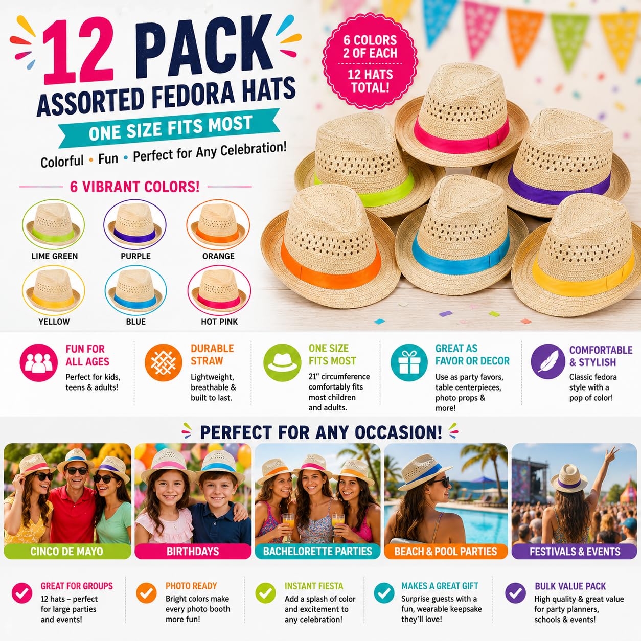 Fedora-Hüte, Havanna-Nächte, kubanisch, Cinco de Mayo, Geburtstage und andere Feier-Accessoires, Mehrfarbig, 12 Stück, Mehrfarbig, 53 cm