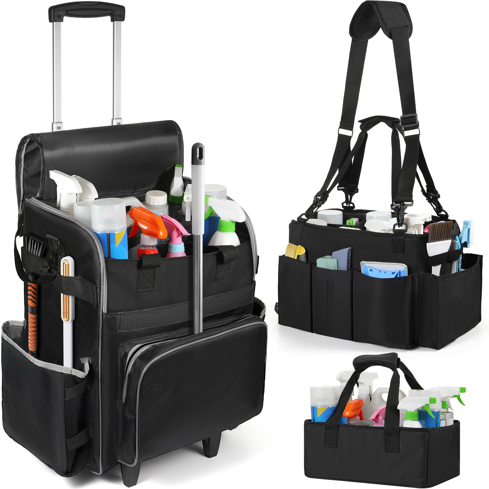 Rolling Cleaning Caddy with Wheels, Large Cleaning Caddy Bag with Detachable Trolley, Water-resistant Cleaning Cart Supplies Organizer Bag on Wheels with Multi-pocket for Housekeeper Cleaner