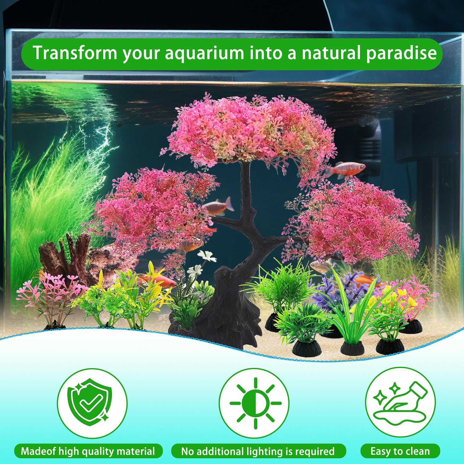SLOCME Set di Decorazioni per Acquario Albero di Ciliegio Rosa 10 Pezzi Piante Artificiali in Plastica