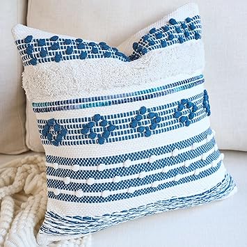 DEZENE Handmade Decorative Pillow Cover Boho Accent Woven Textured Square Throw Pillow Case for Couch Sofa Farmhouse Living Room Home Decor 18"x18" Navy Blue