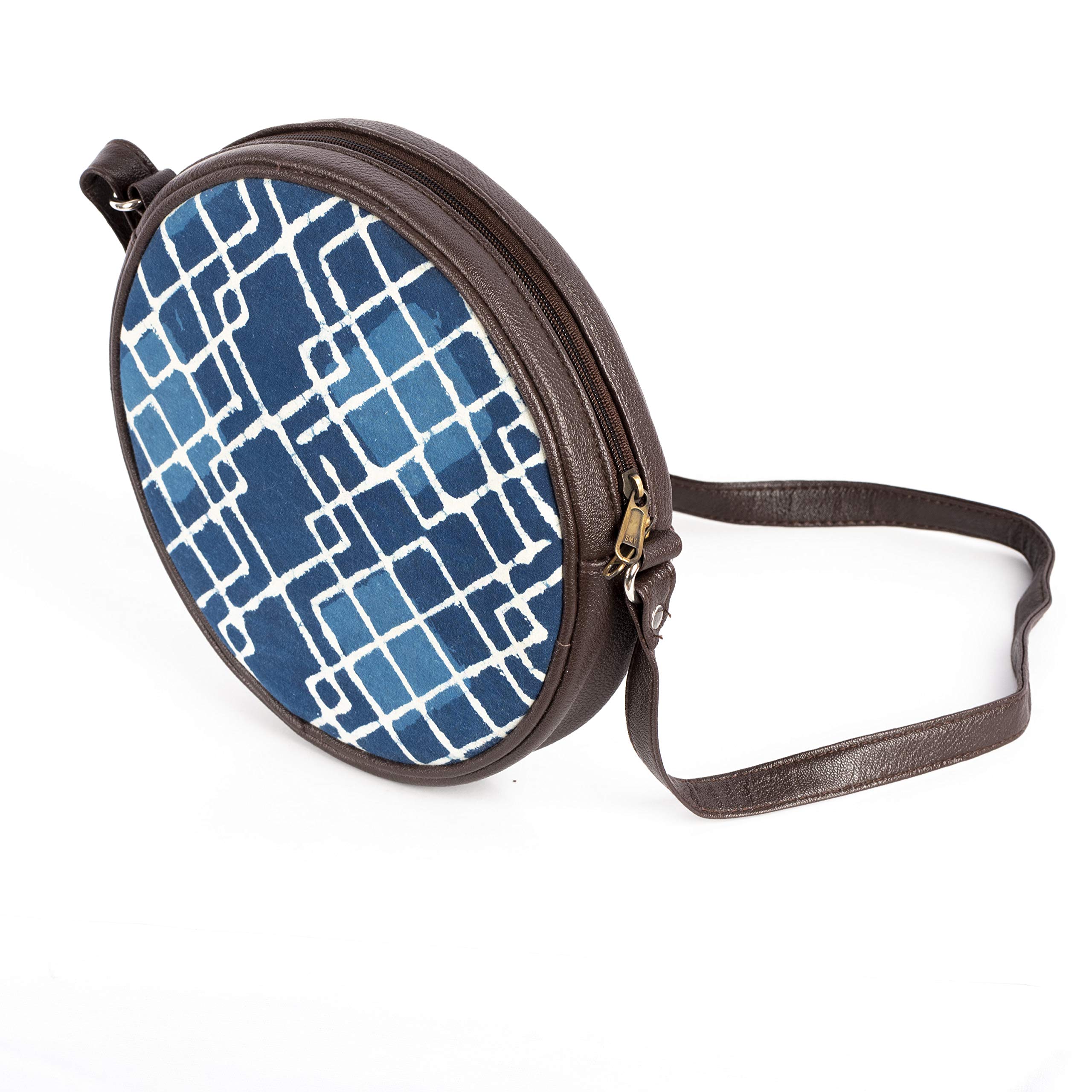 Look and Adorn Handcrafted Stylish Circular Fabric Sling Bag with Premium Vegan Leather Belt for Women & Girls (Indigo Blue)