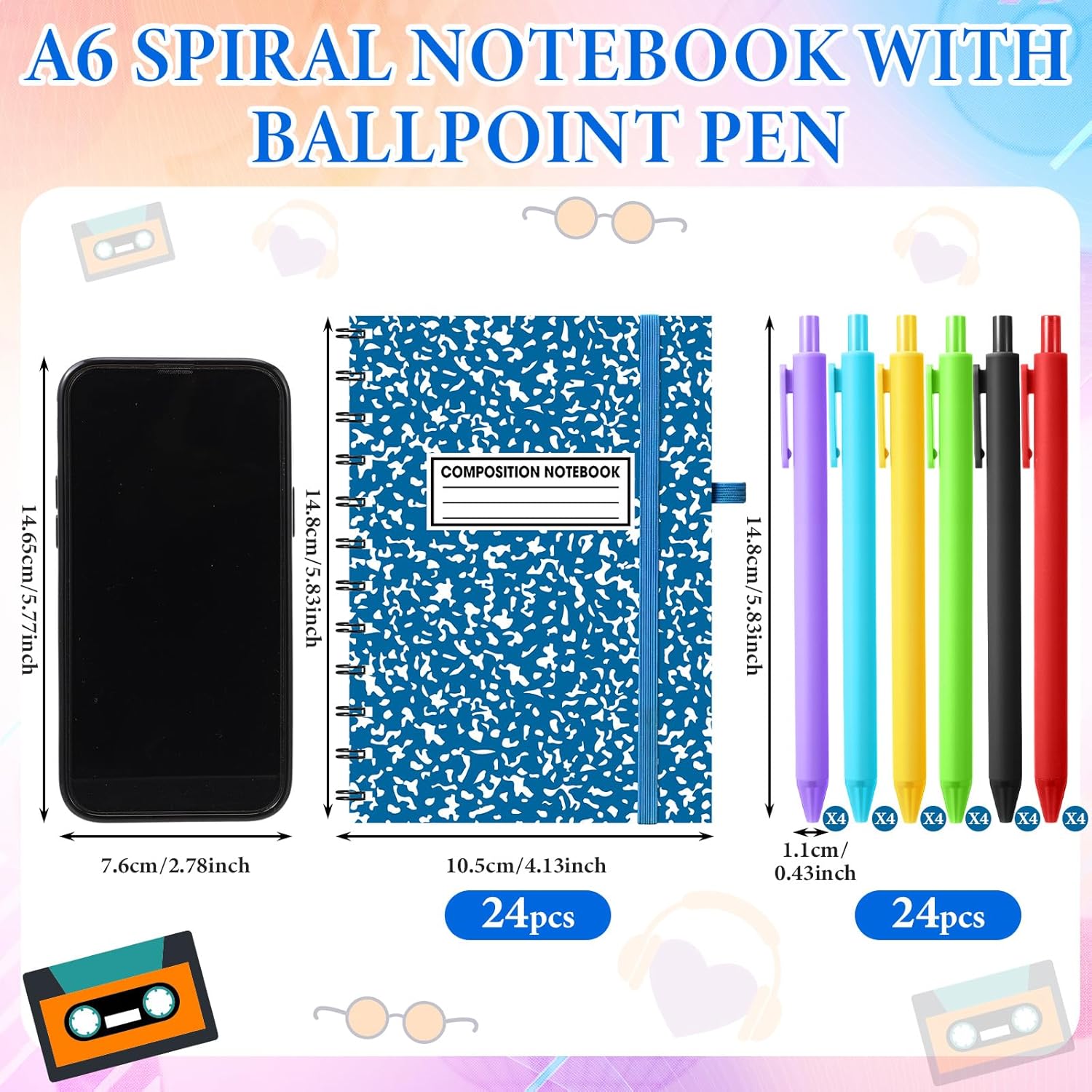 Fulmoon 24 Set Mead Composition A6 Spiral Notebook with Ballpoint Pens 50 Sheets, 4"x 6" Singer Small College Ruled Notepads Color Marble Journaling Notebooks Bulk for Back to School Supplies Offices