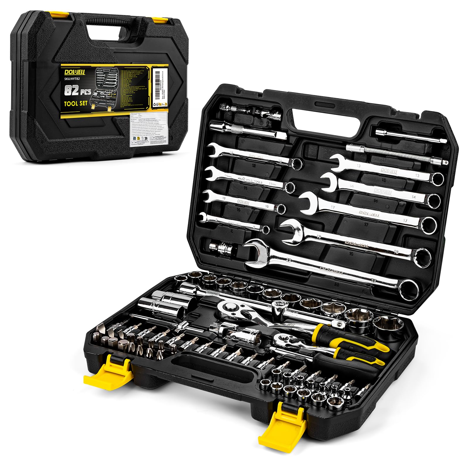 DOWELL 82-Piece Professional Socket & Bit Set | 1/4" & 1/2" Drive Ratchet Set | 72-Dent Ratchet Maniglia | Torx resistente alle manovre & Impact Hex Set | Set di chiavi combinate