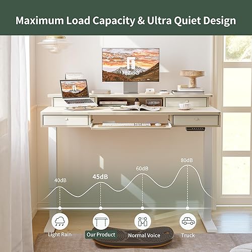 Miniatura 6 de FEZIBO Escritorio eléctrico de pie ajustable en altura con 4 cajones y bandeja para teclado, mesa de 55 x 24 pulgadas con estante de almacenamiento,