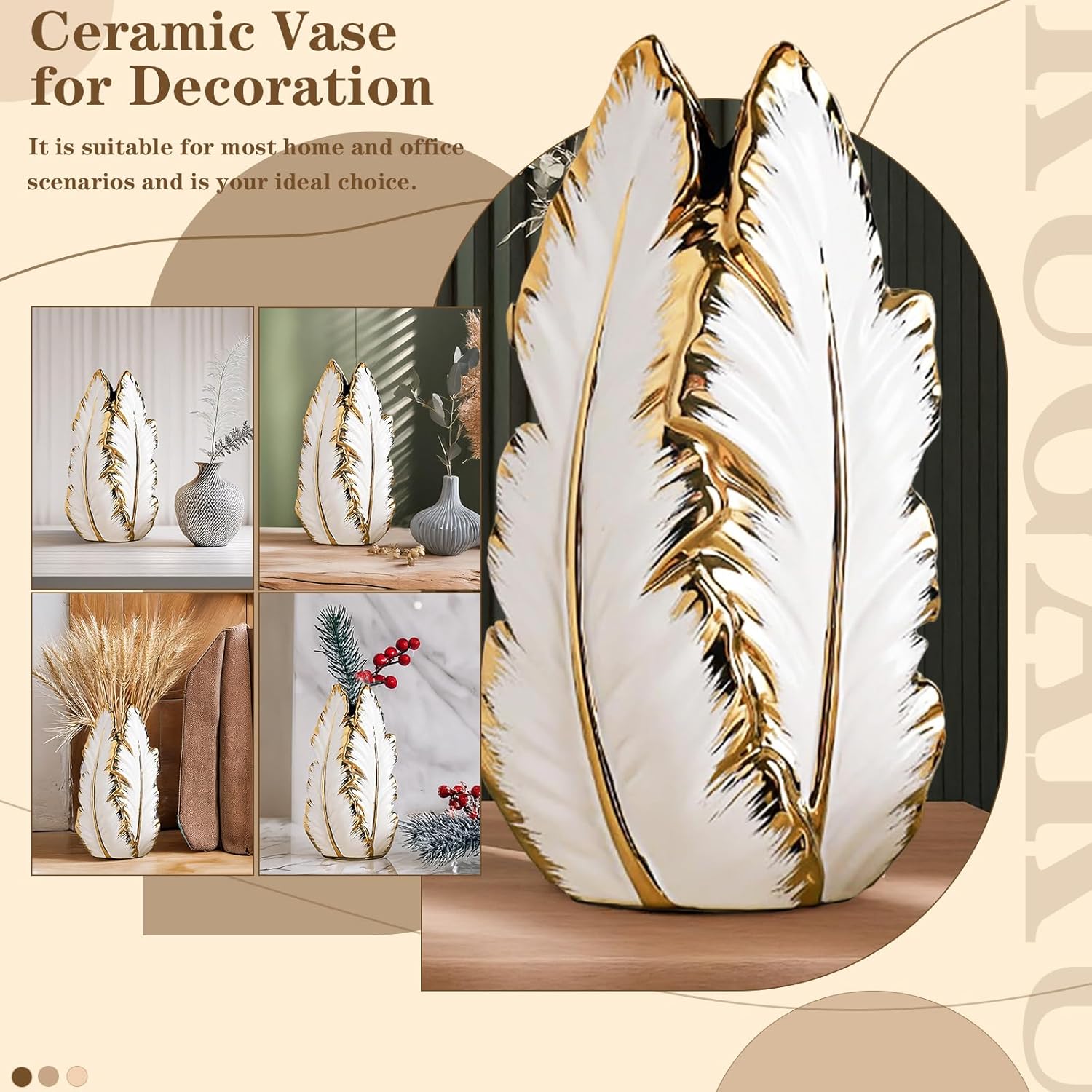 Nordic Light Luxury Gold Painted Ceramic high-end vases-Elegant Home Decor-Flower Vase/Contemporary Design - Wedding Table Accent - Boho Pottery (Color : White, Size : L)