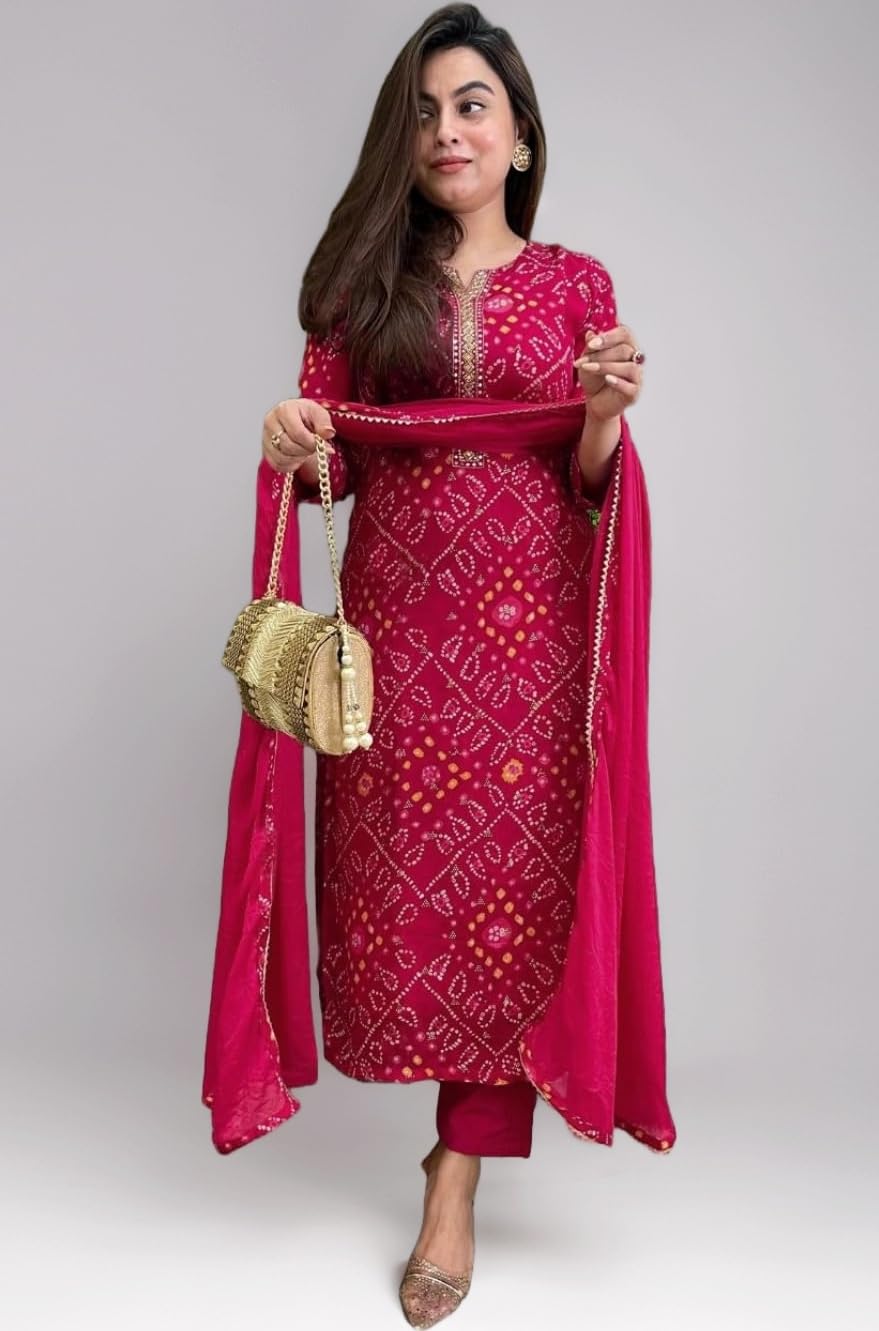 GoSriKi Women's Rayon Blend Straight Bandhej Printed Kurta with Pant & Dupatta