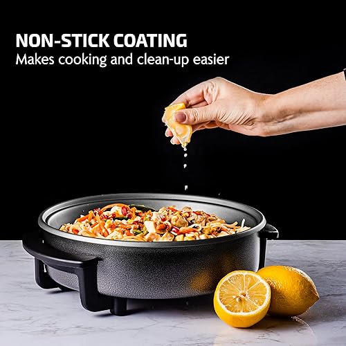 Vista 32 de OVENTE Wok eléctrico con revestimiento antiadherente, sartén de tamaño familiar de 13 pulgadas, potencia de 1400 W, temperatura ajustable, tapa