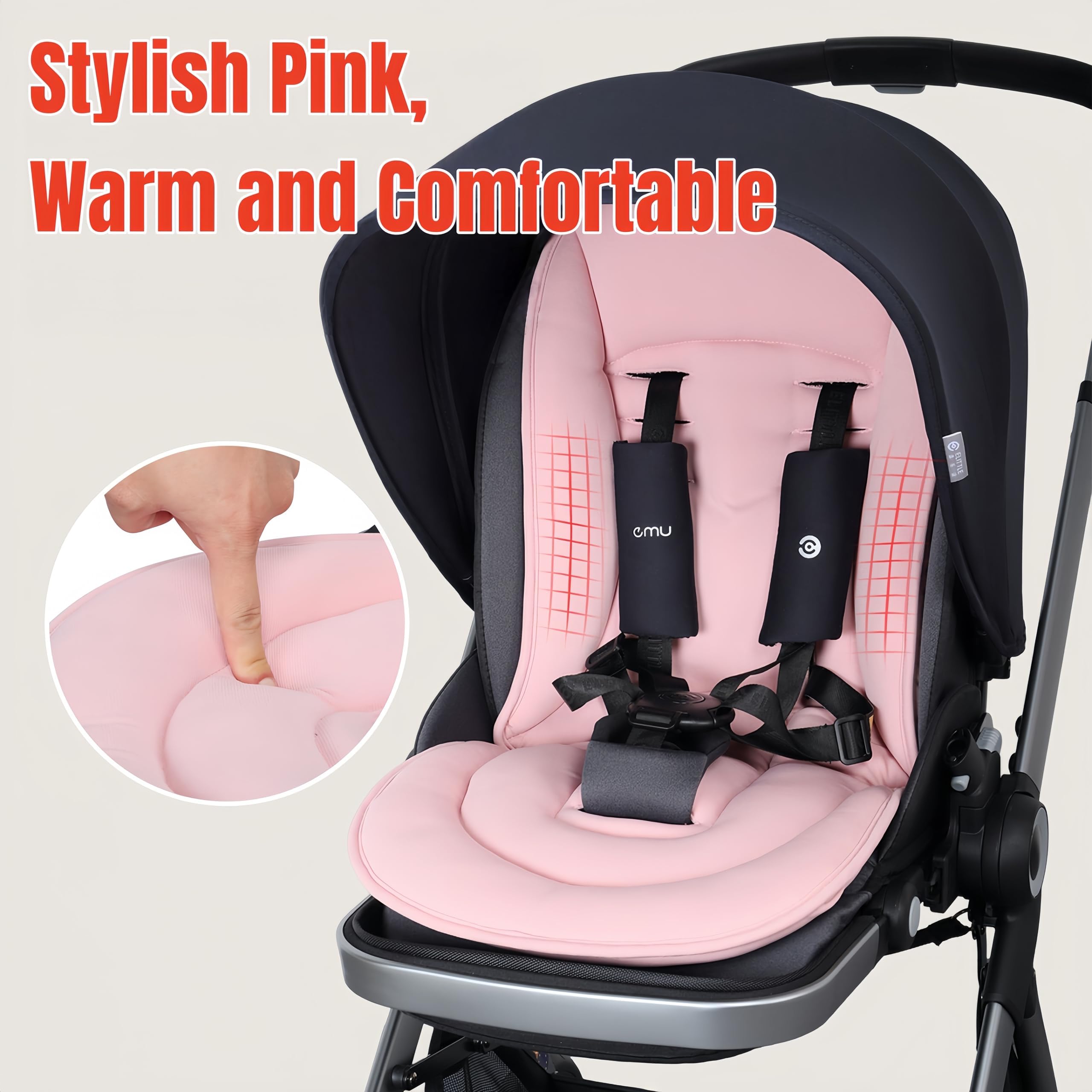 Buggy Sitzauflage aus Baumwolle, beidseitig verwendbar, universal für 99% Kinderwagen Modelle, atmungsaktiv & maschinenwaschbar, mit Rückenstütze (Pink)