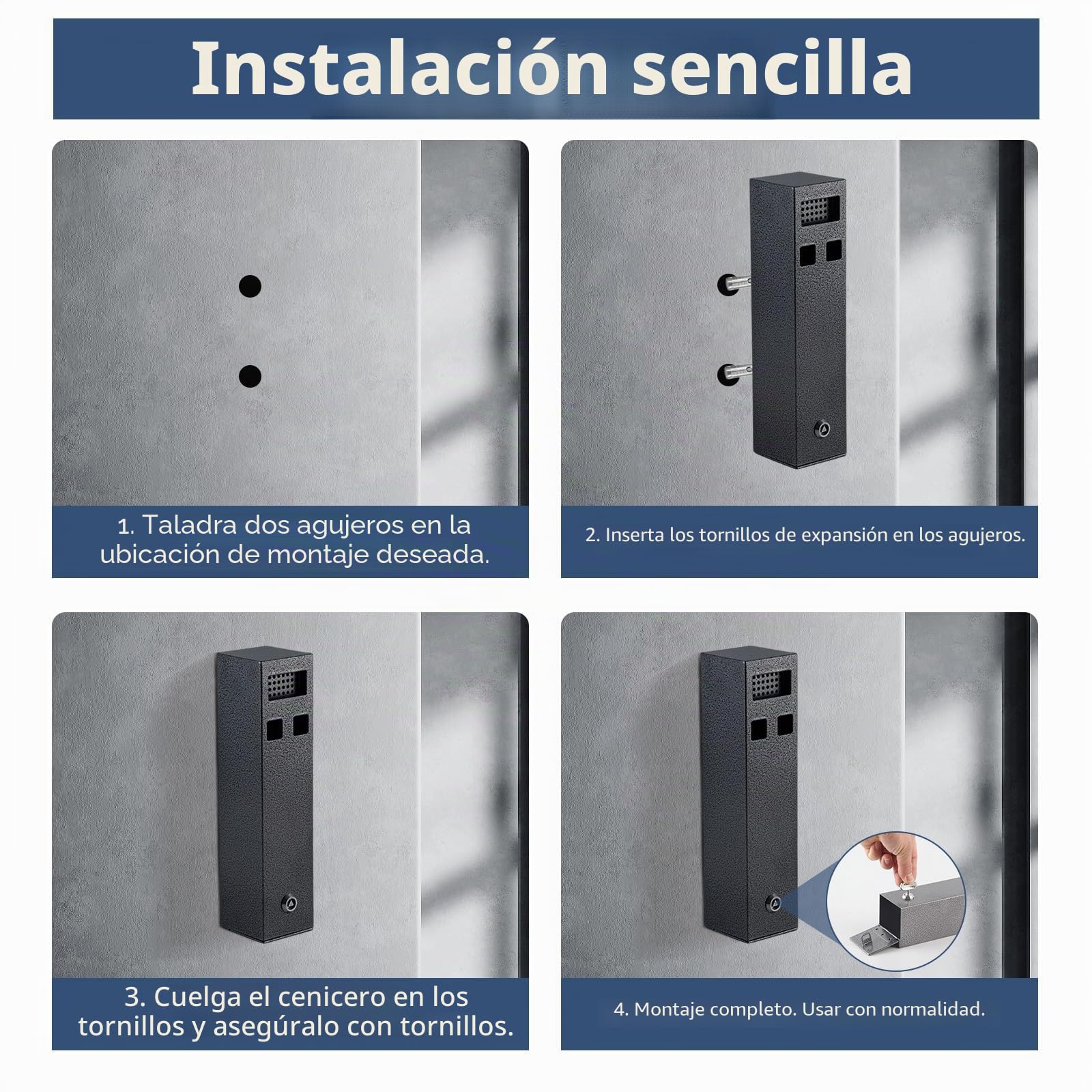 Cenicero Exterior 29 x 7 x 7 cm, Cenicero de pared de Acero Inoxidable con material de montaje und llave, Antiolor y Fácil de Limpiar para jardín, oficina, hotel, restaurante, calle