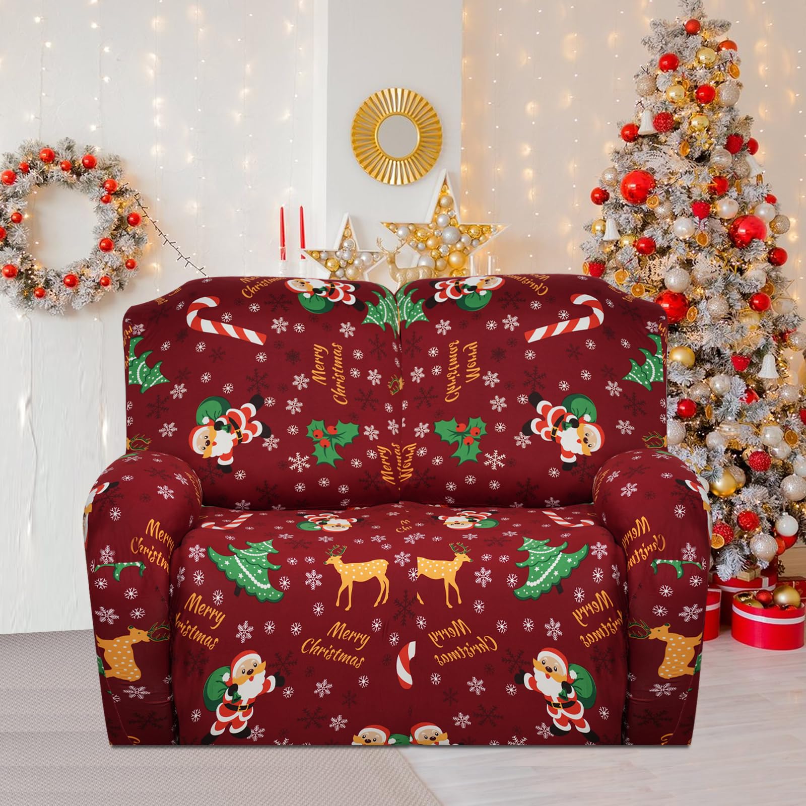 Jaotto Copridivano Natalizio Relax 2 Posti Reclinabile Copripoltrona Relax Reclinabile con Tasche 8-Pezzi Copridivano Fantasia Lavabile Xmas Coperture per Divano da Massaggio,Ladro
