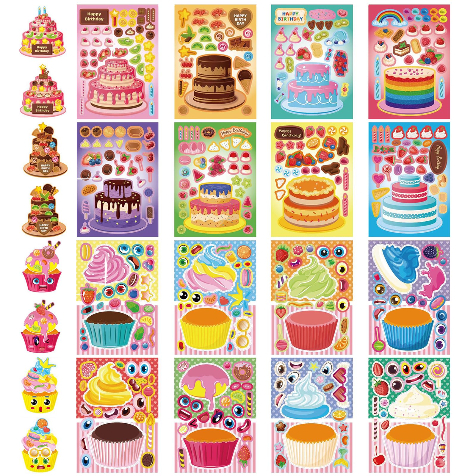 32 PCS Make a face Sticker Sheets, Make Your Own DIY Stickers Faces for Kids, Sticker Sheets for Children, Stickers for Party Bags, Party Bag fillers for Kids (Cake Stickers)