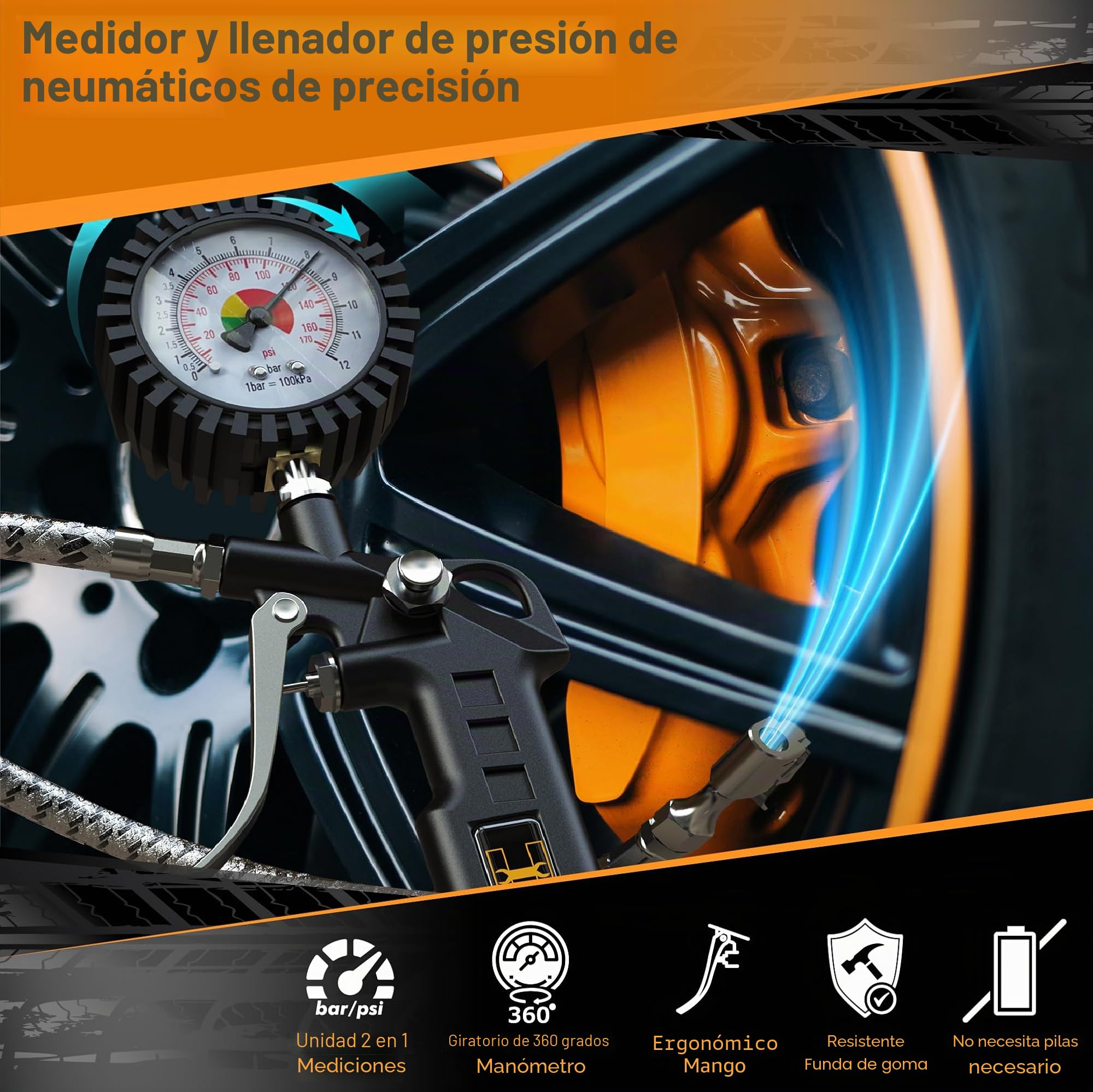 Hardtwerk Manometro Presion Neumaticos | Rango de medición del manómetro:170PSI 12 bar | Tubo de acero inoxidable 304 | manómetro para coches, motos, coches y camiones