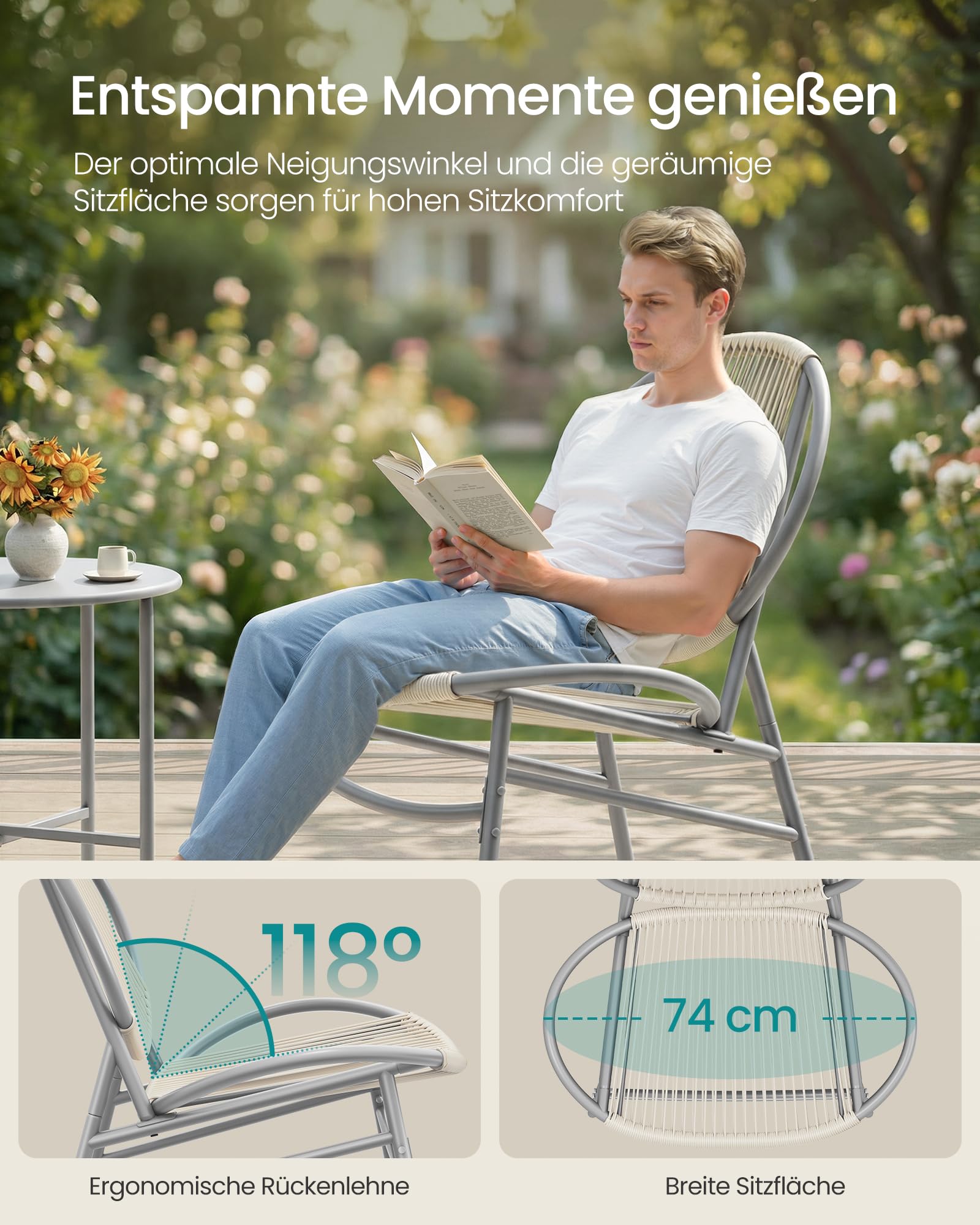 SONGMICS Balkonmöbel, 3er Set, Gartenmöbel-Set, aus PE-Polyrattan, Outdoor, mit Tisch, 2 Stühlen, für Terrasse, Garten, Balkon, Taubengrau GGF021GZ01