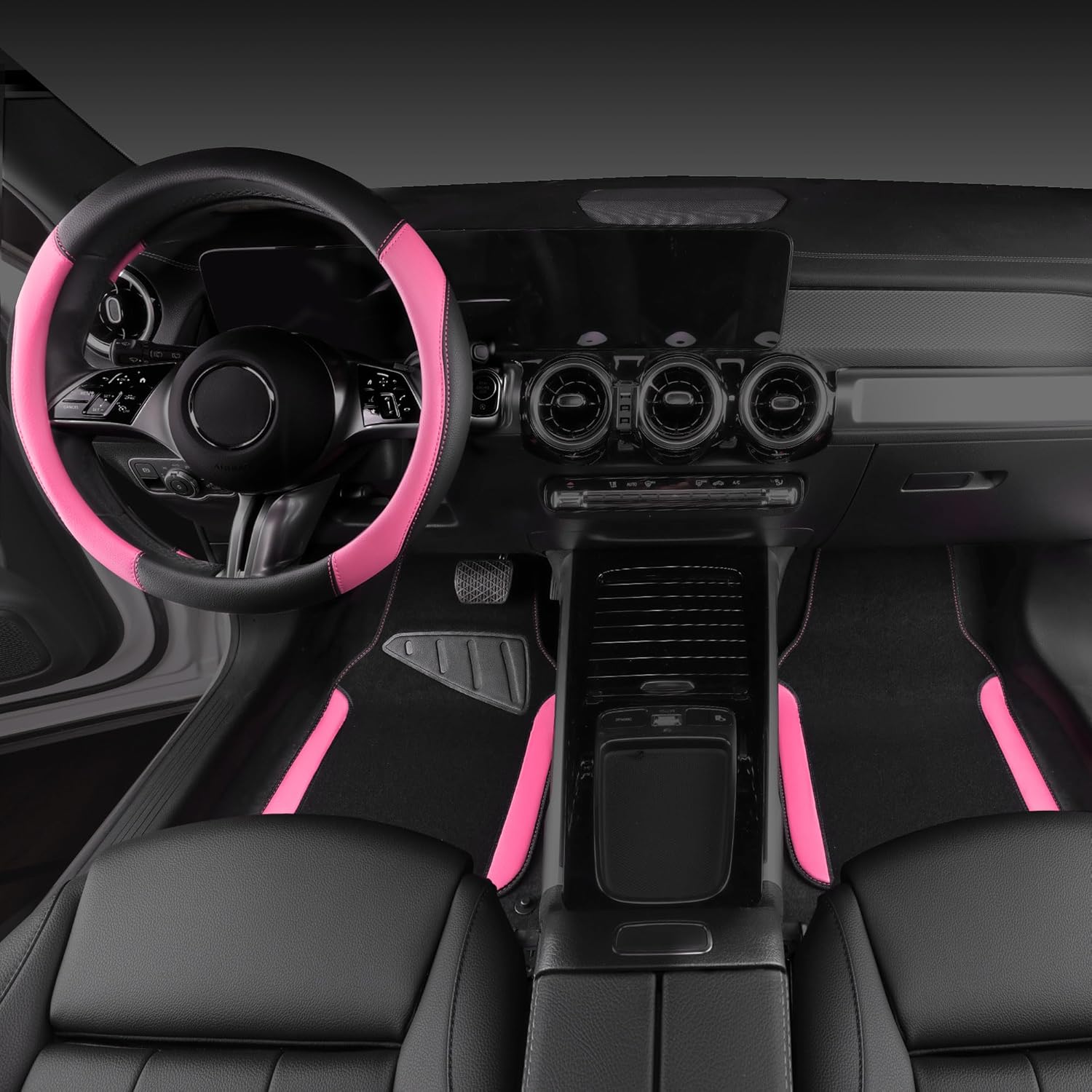 CAR PASS Faux Leather Steering Wheel Cover and Waterproof Car Floor Mats,Universal Car Combo Fit for 95% Sedan,SUV,Cars,14.5-15inch Sporty Anti-Slip Safety Comfortable Design(Black＆Pink) - Image 2