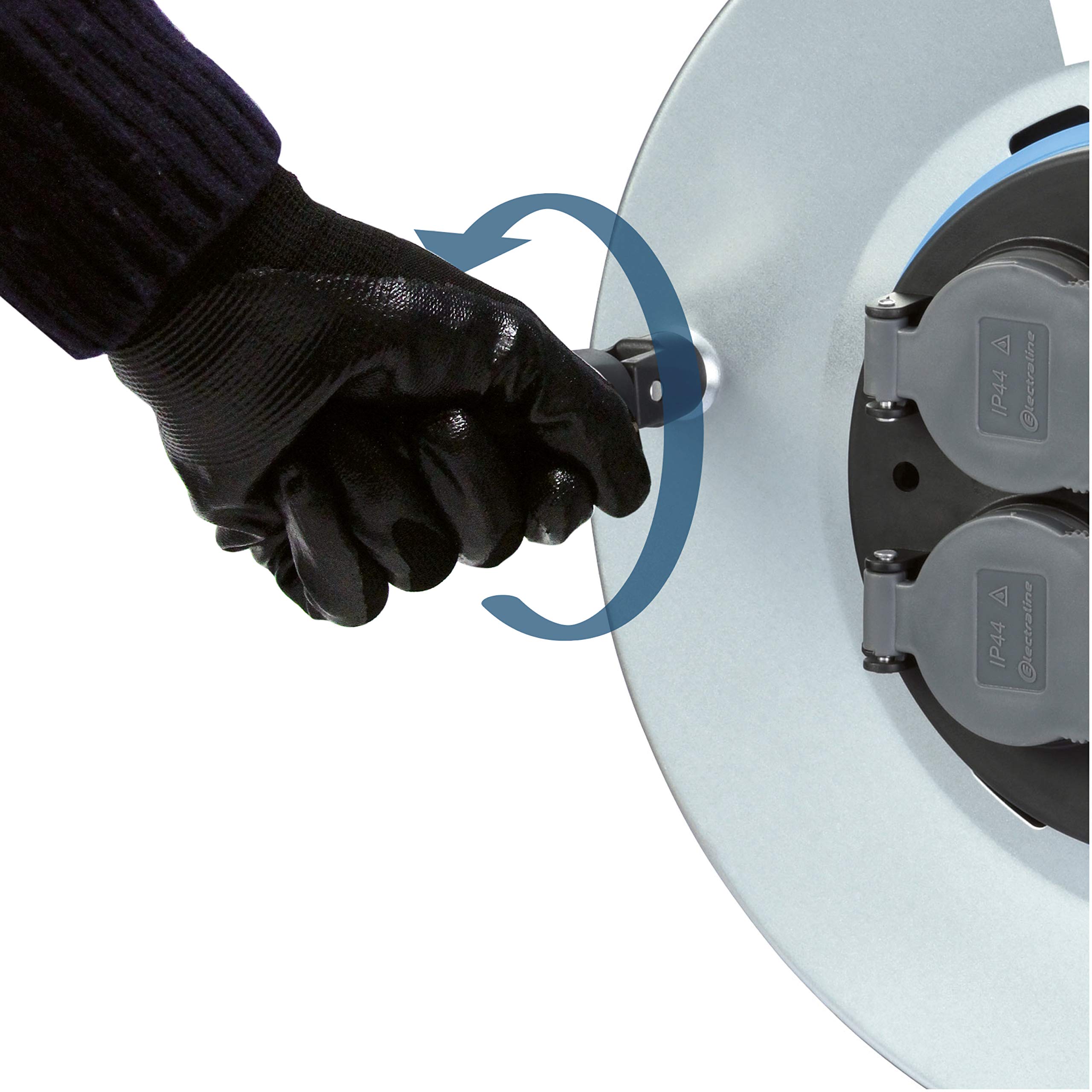 Electraline 208686 – Enrollador eléctrico profesional para obras en metal 4 enchufes, IP44, con guía para el cable (sin cable) y mango ergonómico y práctico para guantes de trabajo