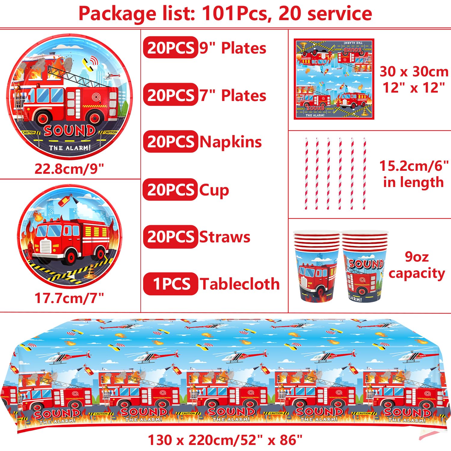 Fire truck Party Accessories, Dinner Plates, Dessert Plates, Cups, Napkins, Tablecloth - Image 2
