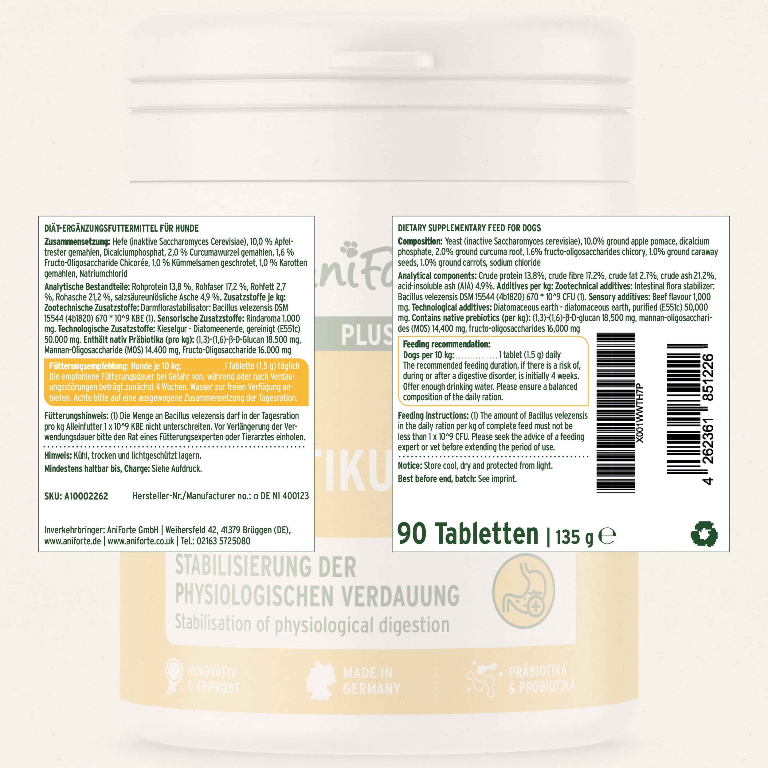 AniForte Plus Probiotikum Tabs für Hunde 90 Stück - Natürliche Präbiotika & Probiotika für Hunde, Stabilisiert die Verdauung & fördert eine gesunde Darmflora, mit aktiven Darmbakterien