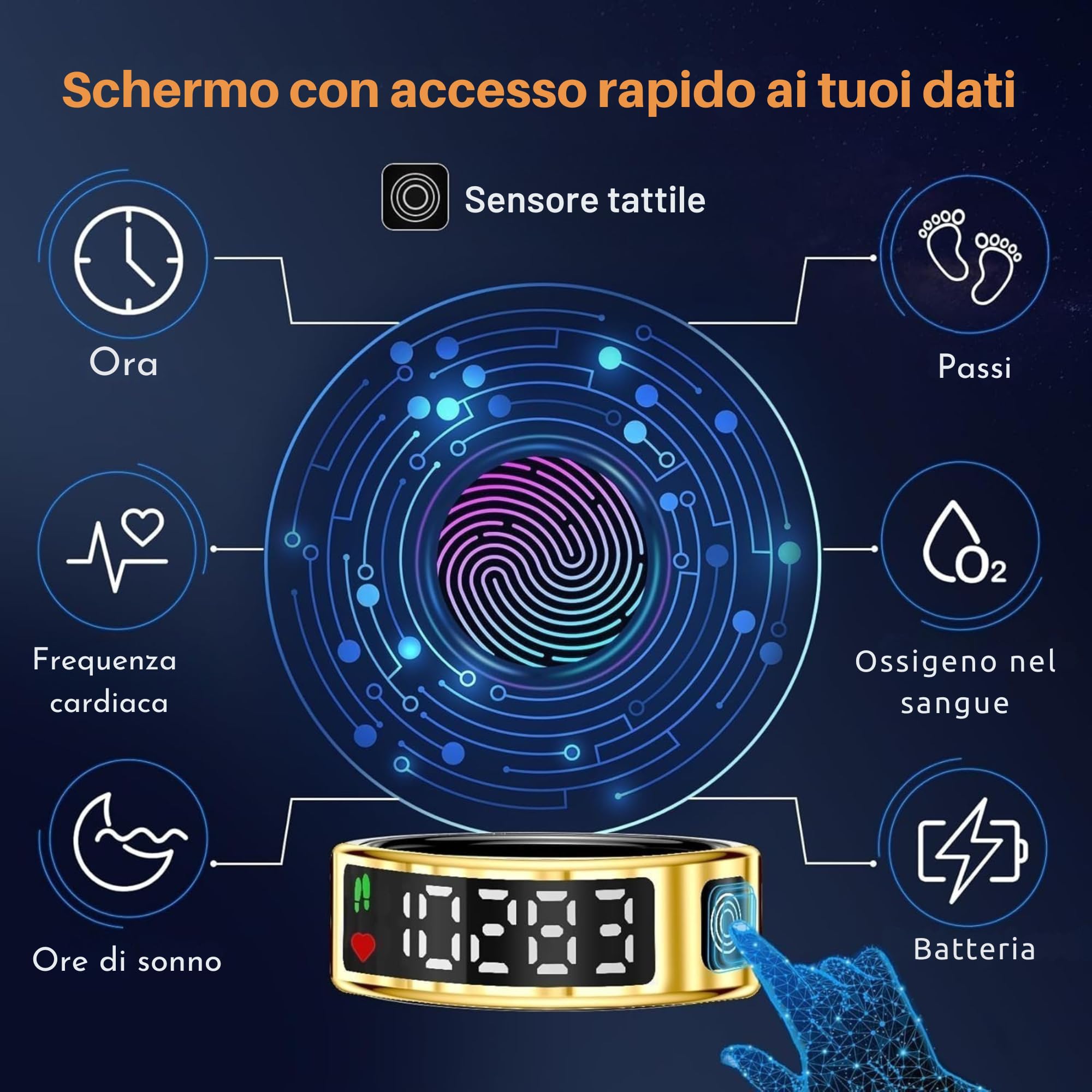 smartia – Anello intelligente con schermo touch, modello 2026 APP inclusa, Ring uomo e donna, anello attività fitness e controllo della salute, monitoraggio del sonno (Oro, 10)