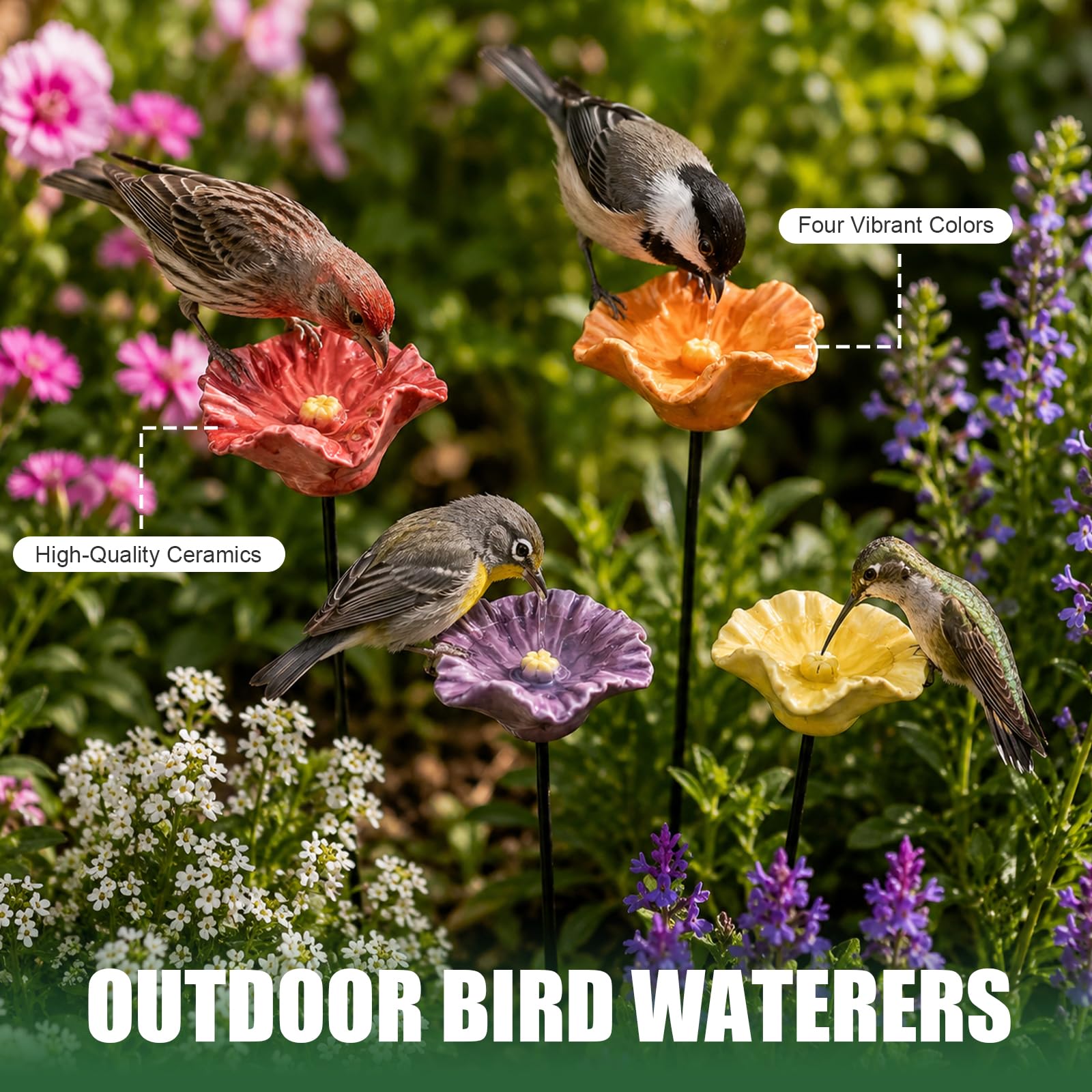 Keramik Vogeltränke Blumenform, 4er-Set mit Erdspieß, wetterfest & frostsicher, Vogelbad & Insektenwasserstelle für Bienen, Insekten und Vögel, Gartendekoration für Garten, Beet & Balkon (8er-Set)