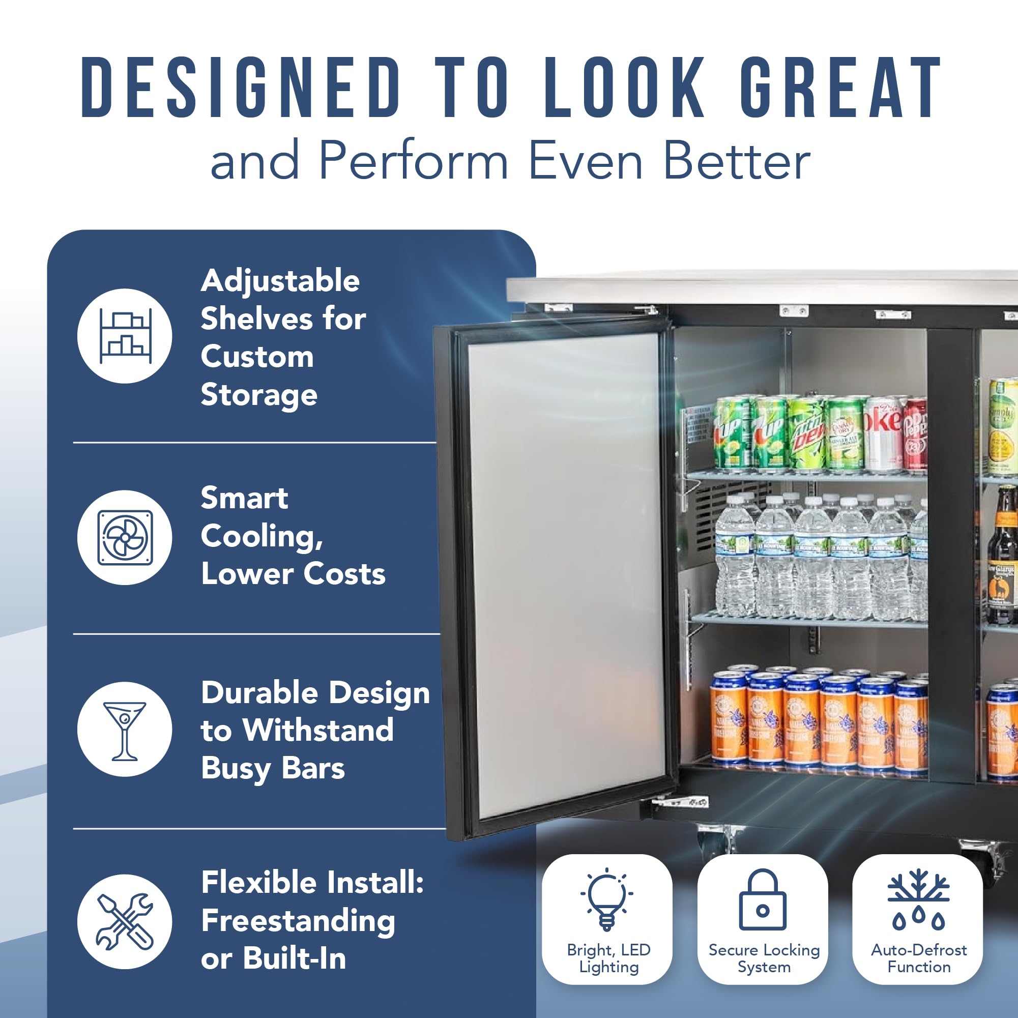 Peakcold 3-Door Counter Height Beverage Refrigerator - 73" Wide Energy Efficient Solid Black Beer Cooler & Bar Fridge With White LED Lighting - Commercial Back Bar Cooler on Fridge.com - View 4