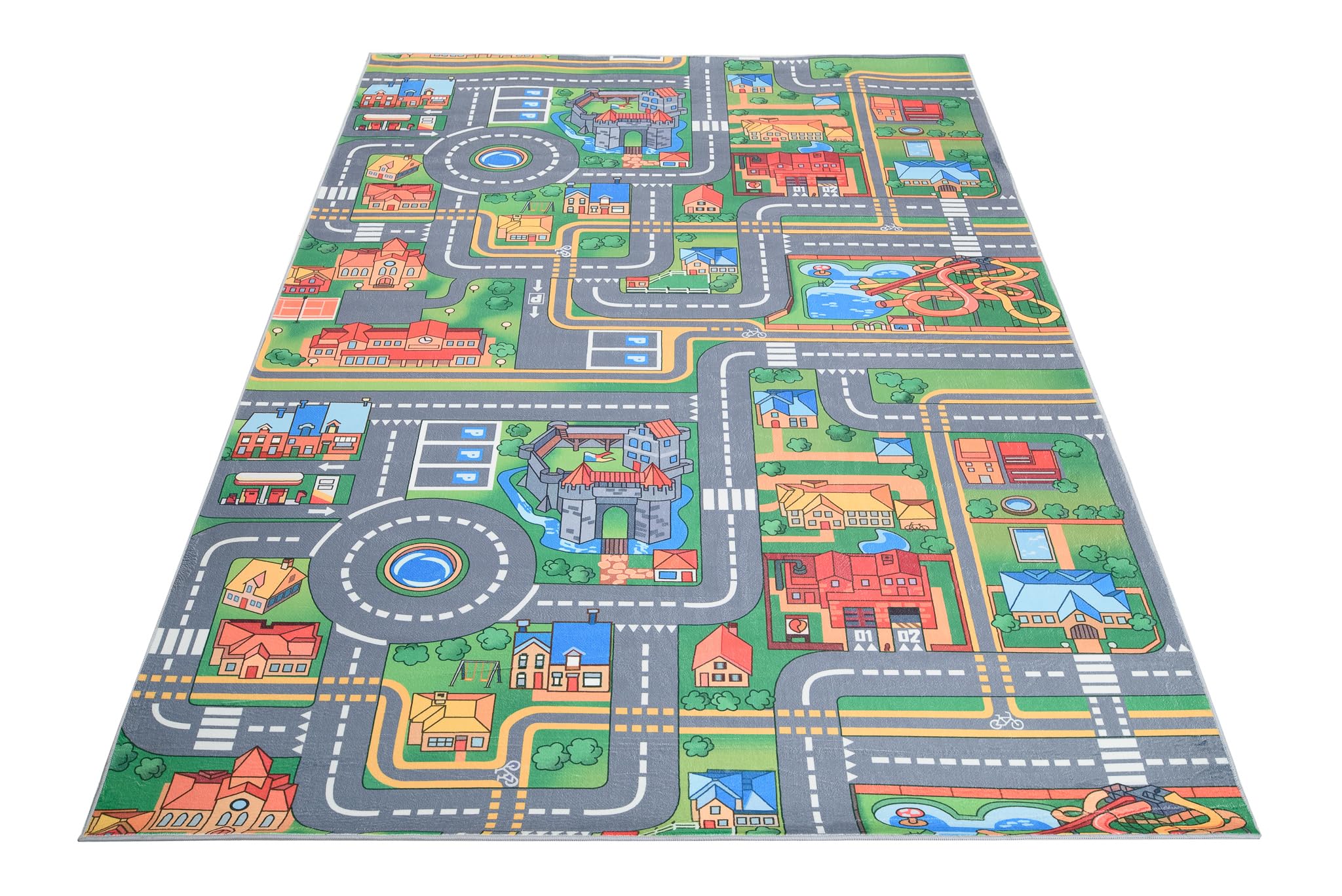 TAPISO Flannel Tapis Chambre Enfant Bébé Fille Garçon Antidérapant Lavable Gris Vert Rouge Bleu Tapis de Jeux Voiture Circuit Route Ville Poils Ras Oeko-TEX Résistant 140 x 200 cm