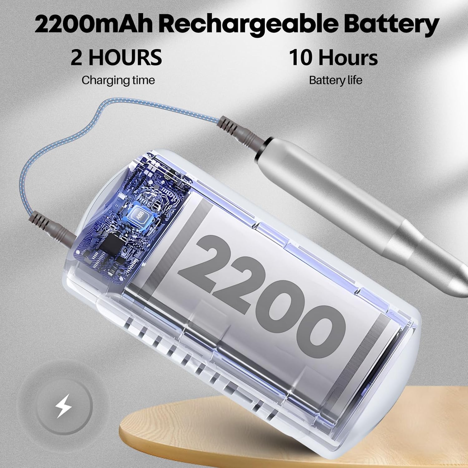 Illustration of the 2200mAh rechargeable battery and charging times