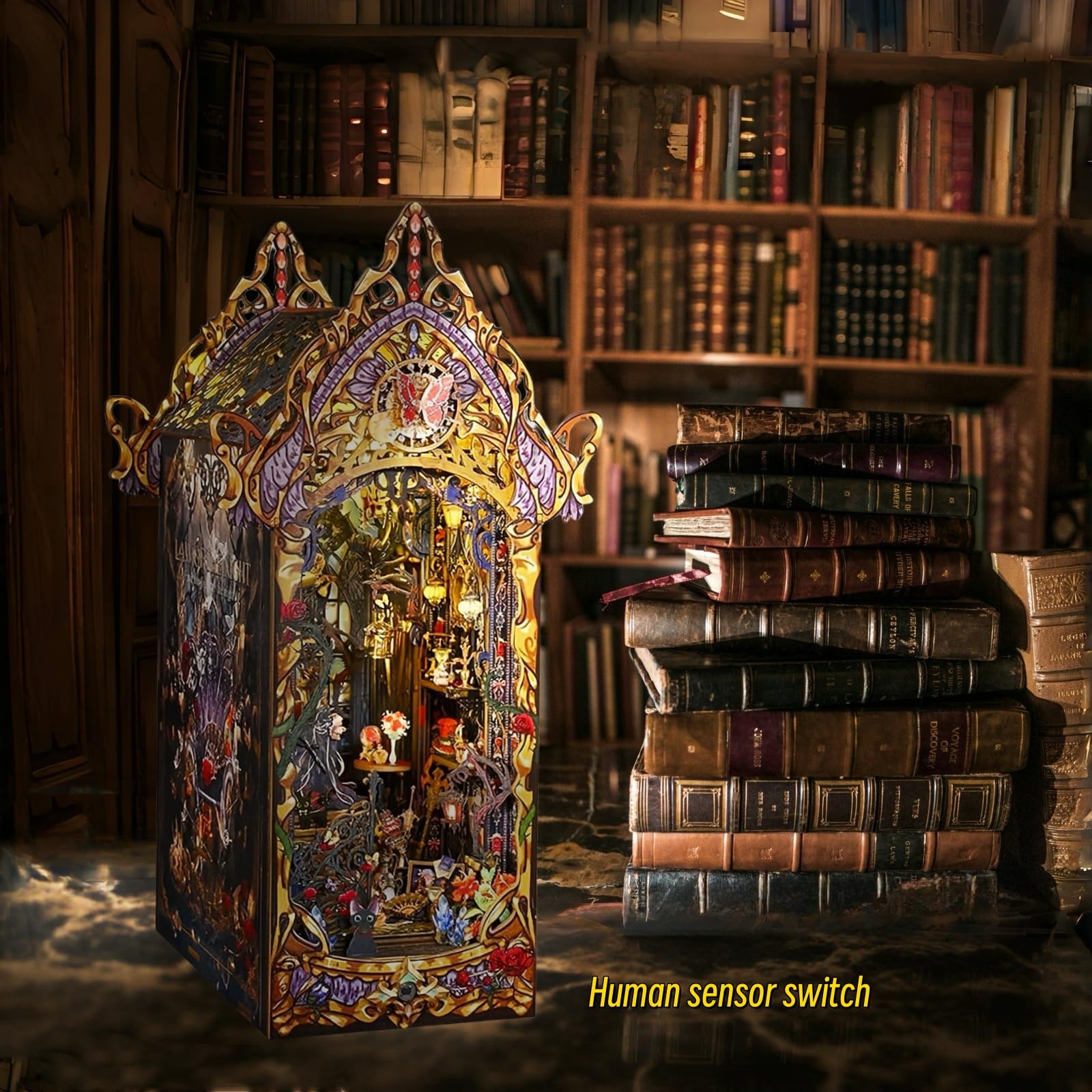DIY Book Nook - Fermalibri in legno fai da te Kit fai da te casa in miniatura con mobili e LED, Legge della notte, puzzle 3D, kit di modellismo regali d'arte