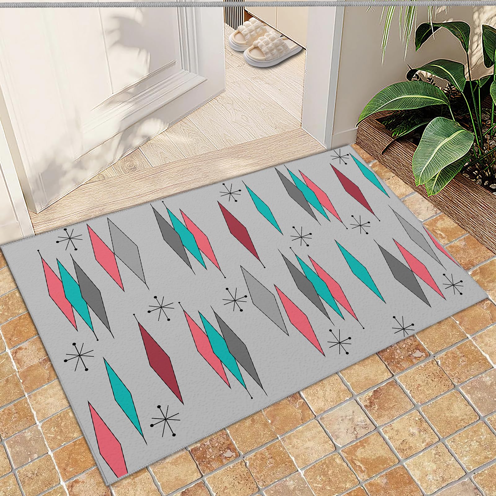 QDJKBL Entrance Rug 60 X 90 Cm Nordic Colorful Prismatic Geometry, Black Simple Lines Gray Background Doormats, Floor Mats High Density for Entrance Door