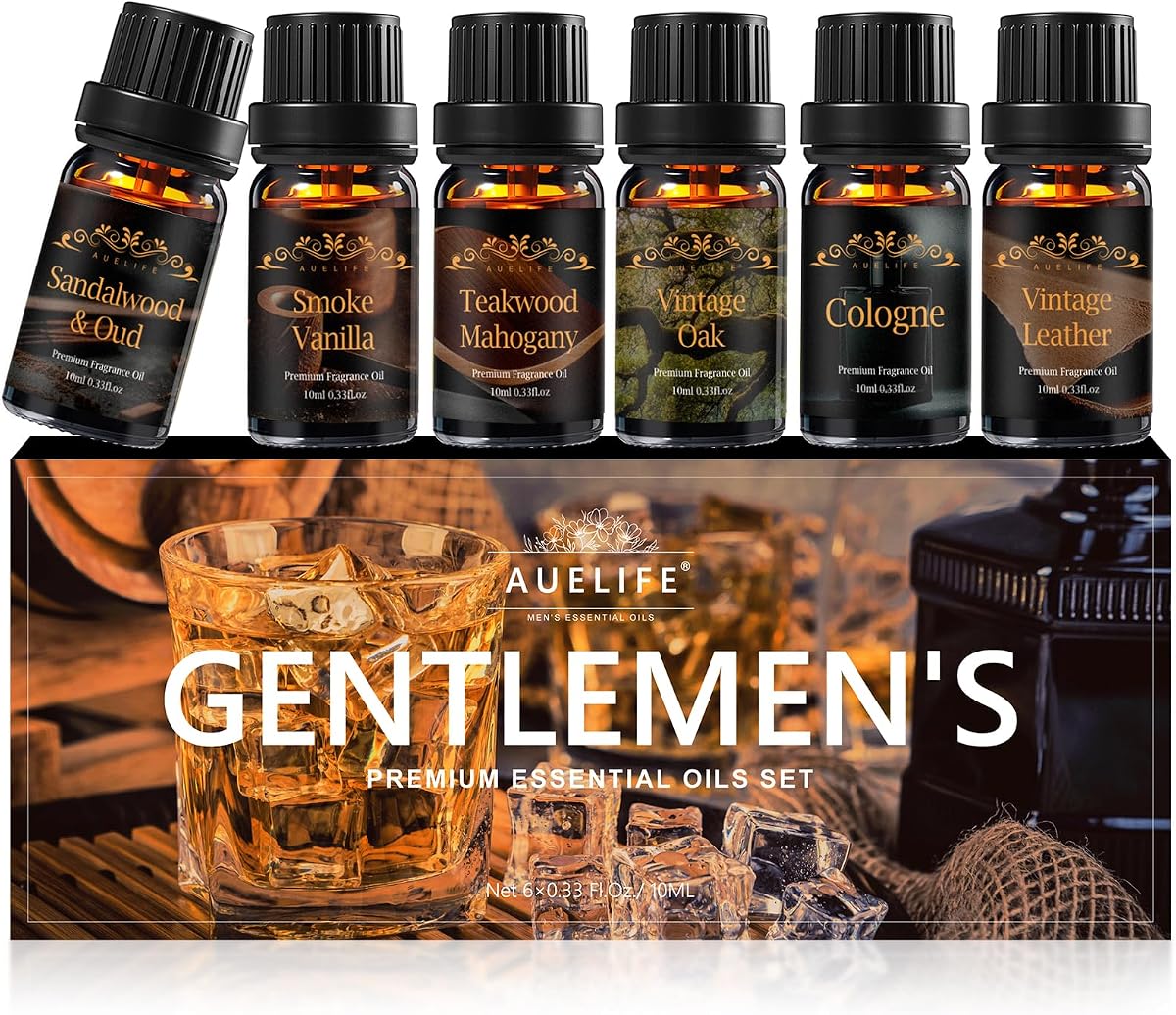 Auelife Men Essential Oils Set for Diffusers for Home, 6x10ml Scented Oil | Masculine Essential Oil for Candle Making, Aromatherapy Gift Set for Men, Mahogany, Sandalwood,Cologne,Smoke Vanilla, Leather