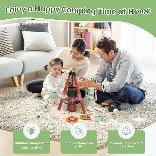 Miniatura 6 de Juego de juguetes de campamento para niños, juego de campamento con juguete de comida, estufa de aerosol, linterna de aceite, binoculares, brújula,
