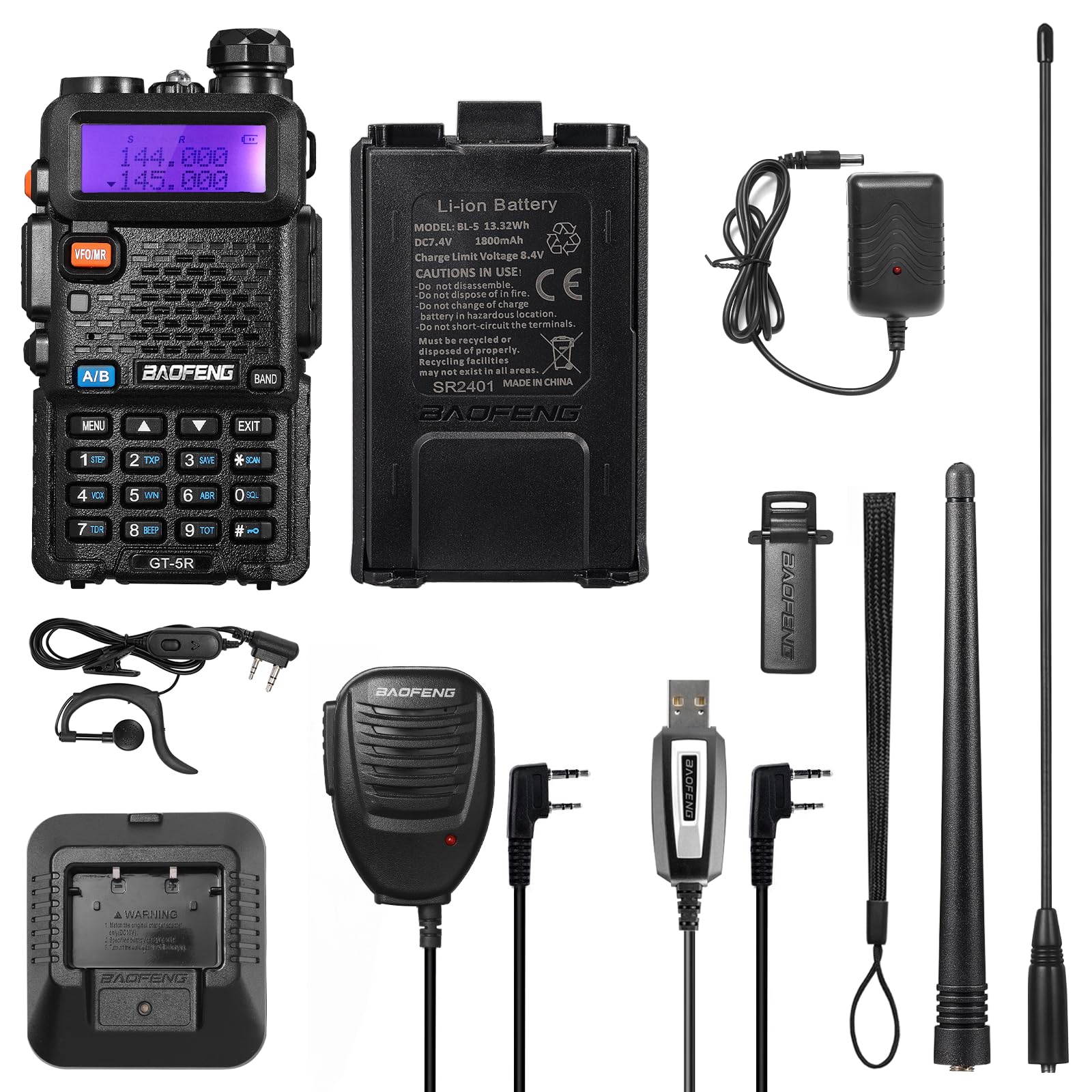 BAOFENG GT-5R Walkie Talkie, Radio Bidirezionale UHF VHF con 144-146/430-440 MHz, Radio Amatoriale a Lungo Raggio con 128 Canali, 1800 mAh Batteria, Cuffie, Antenna da 396 mm, Cavo di programmazione