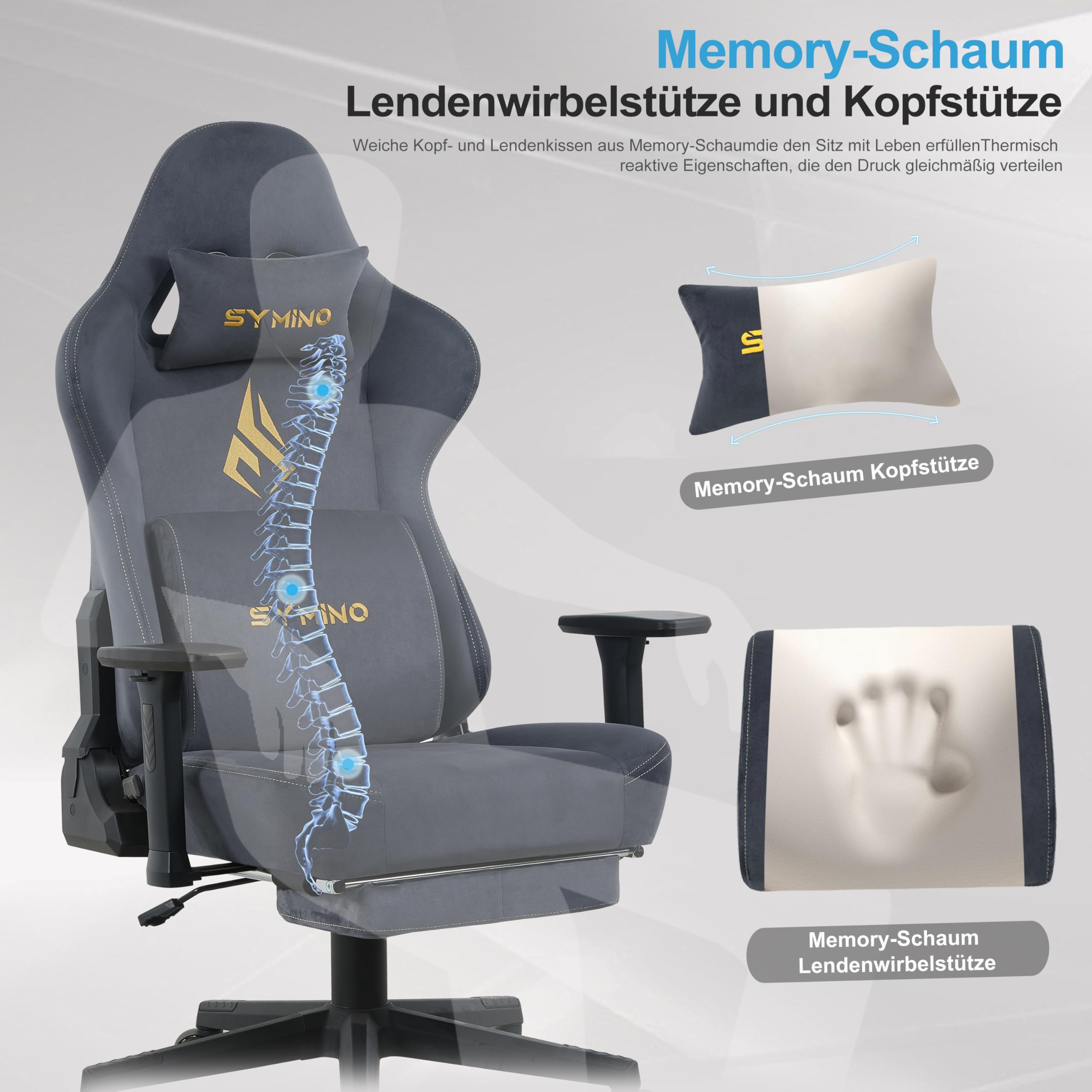 Symino Chaise Gamer XL, Siège Large Mousse+Latex, Support Lombaire & Tête, Inclinaison 175°, 300kg, Roues Silencieuses Incluses (Faux Daim, Gris)