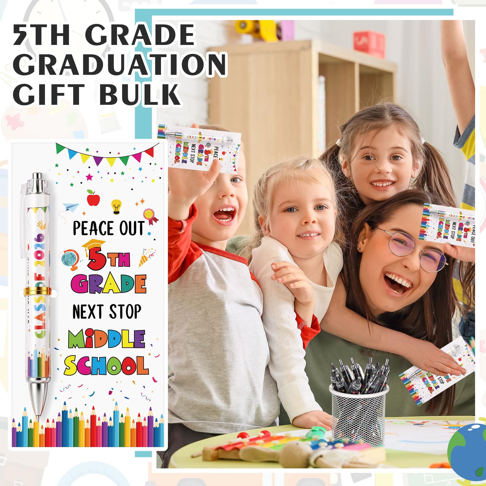 Sayglossy 24 Set 5th Grade Graduation Gifts Bulk Class of 2026 Ballpoint Pens with Inspirational Greeting Cards Fifth Grade Graduation Party Favors for Students (White)